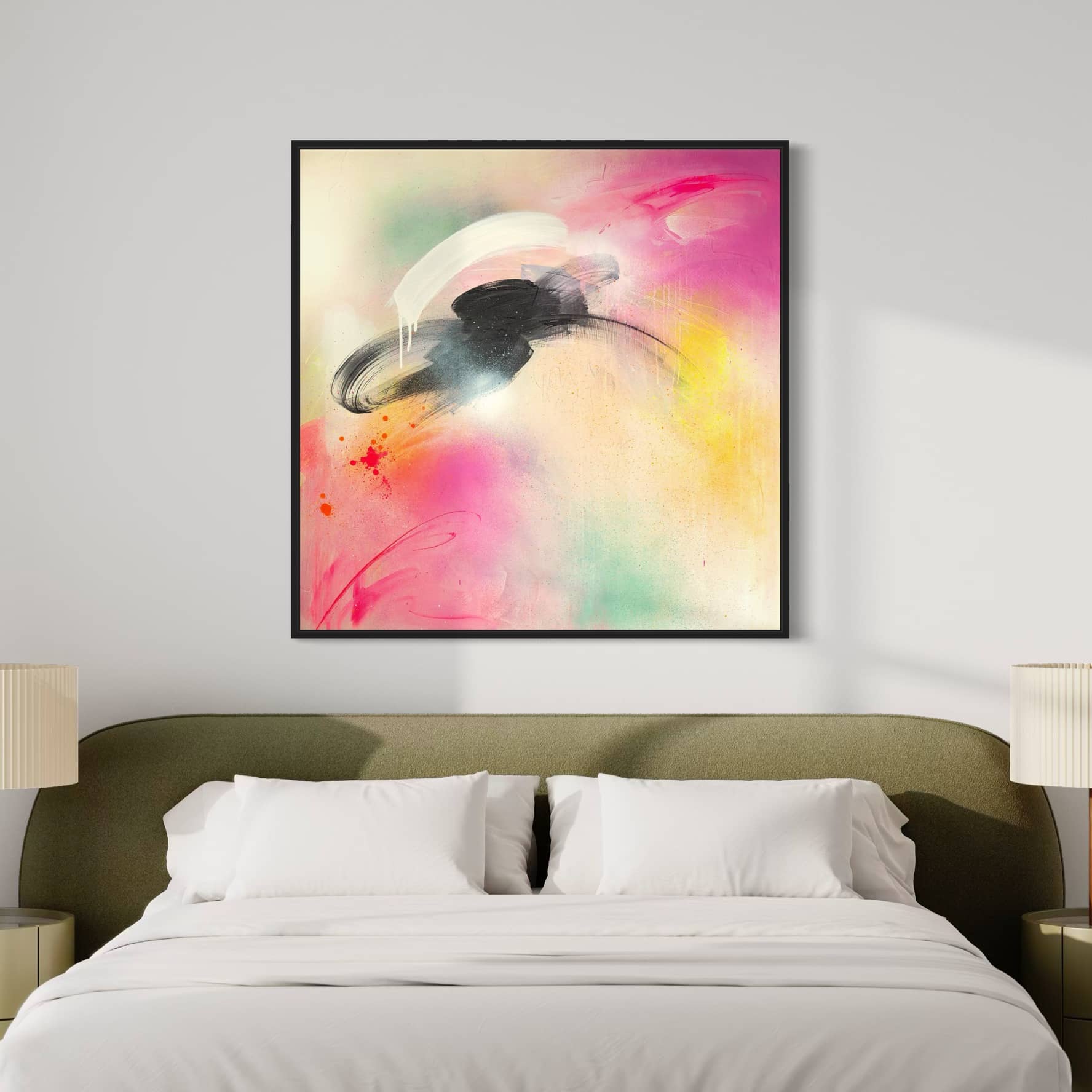 Kate Mayer's "You've Got The Love" painting in acrylic and spray paint hangs above a bed with white bedding and lamps.