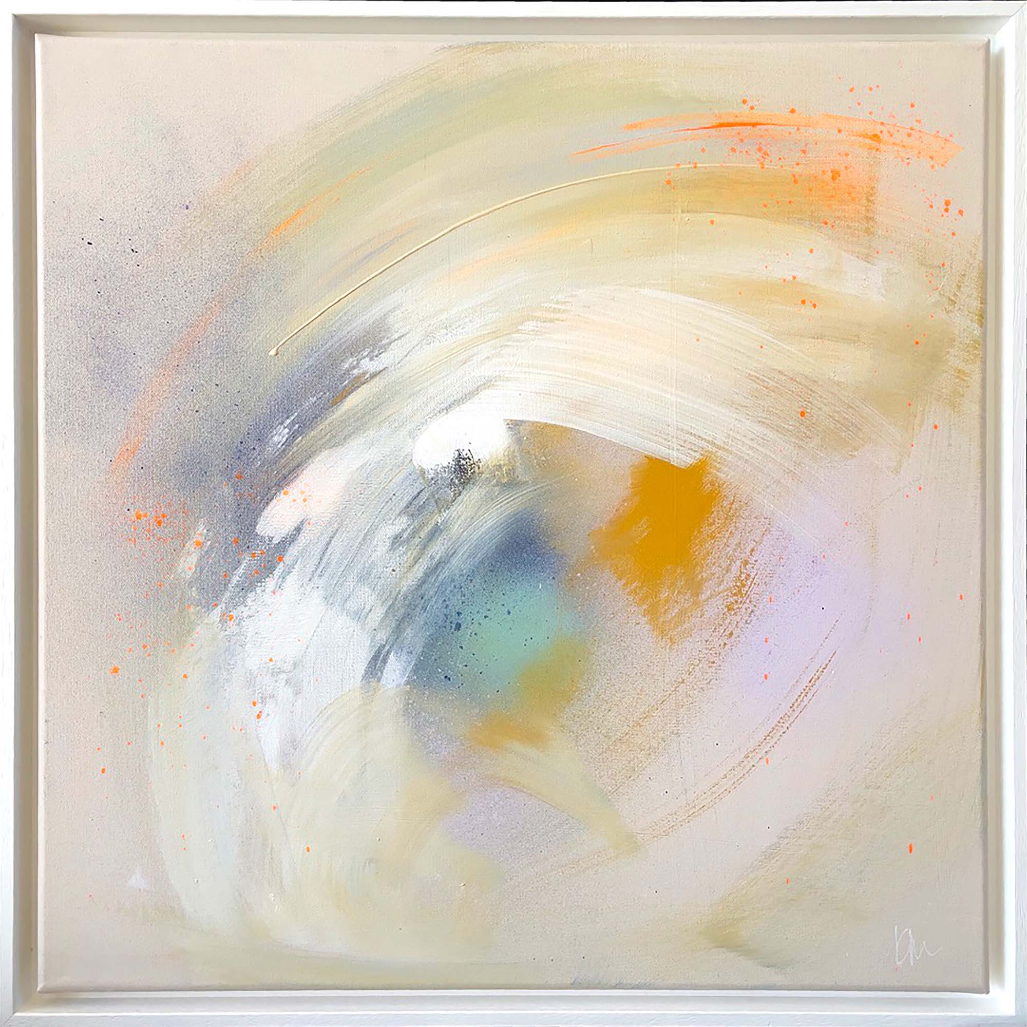 Introducing the "Make A Wish" original painting by Kate Mayer, featuring swirling pastel colors with vibrant orange accents. This dynamic artwork is crafted using acrylic and spray paint, capturing a sweeping motion that is both captivating and unique.