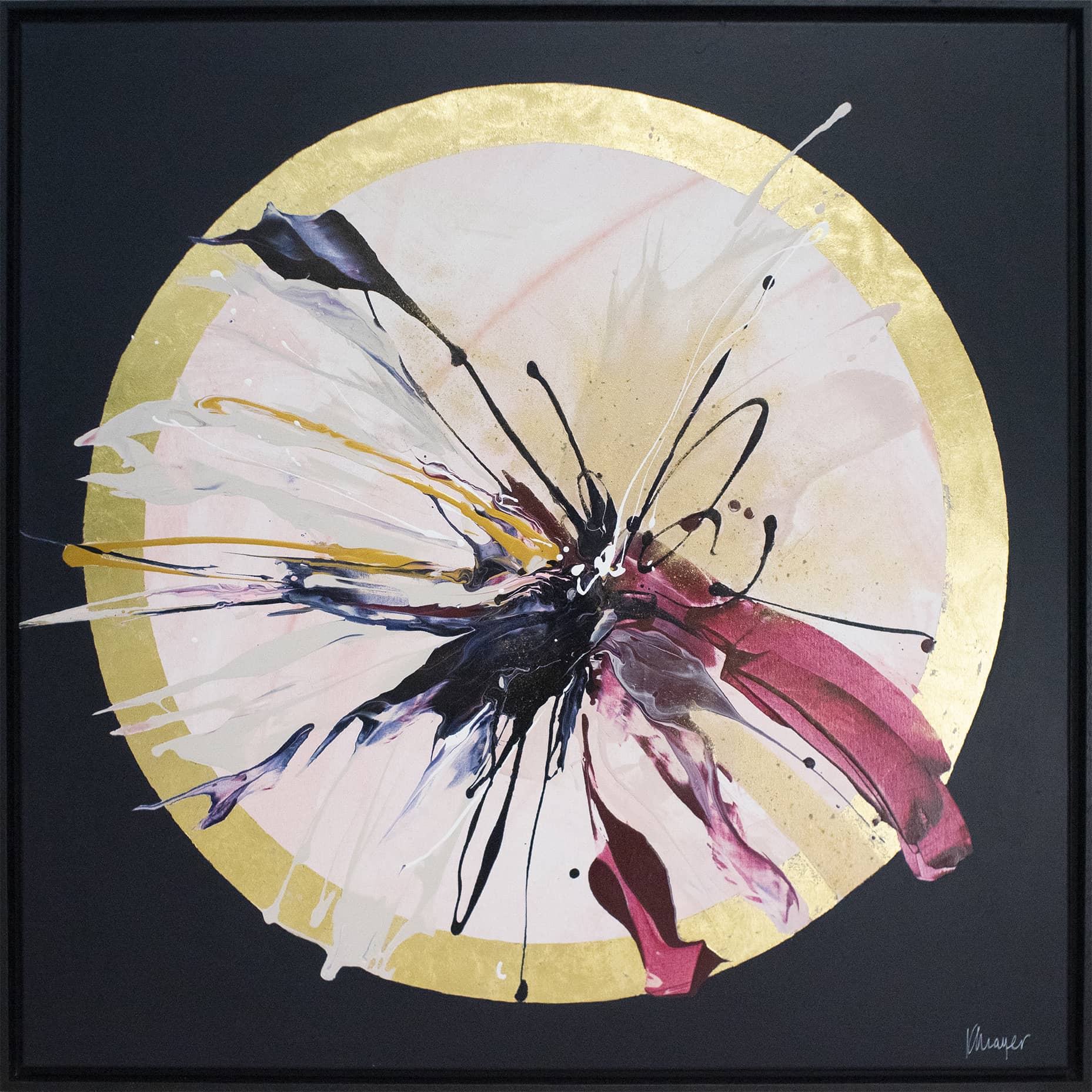 Experience 'Expansions - Original Painting' by Kate Mayer, featuring an abstract composition with a central explosion of bold colors such as white, black, red, and pink. Framed by a gold circle set against a dark background, this stunning piece utilizes acrylic and gold leaf and comes ready to hang.