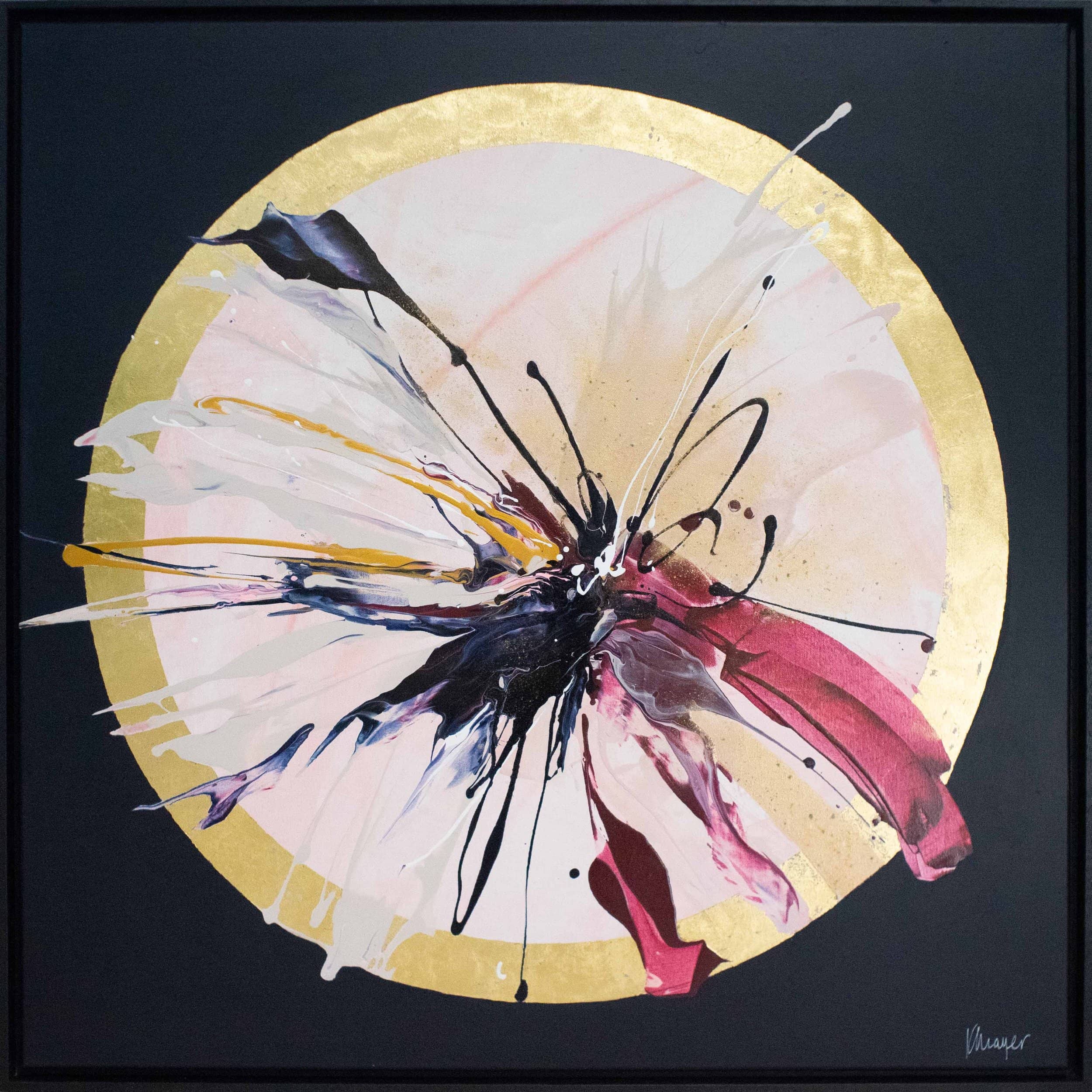 The Expansions - Original Painting by Kate Mayer features an abstract design with splashes of black, pink, and yellow, all enclosed within a gold circular border. Created using acrylic and gold leaf, this stunning piece comes ready to hang.