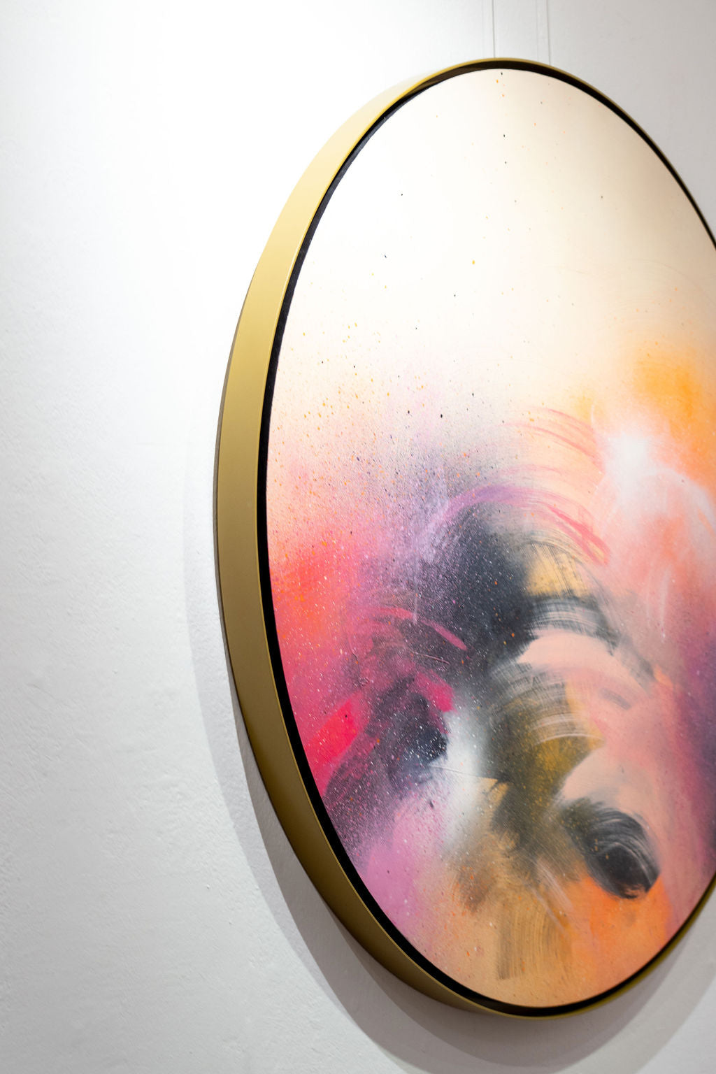 A Star is Born by Kate Mayer features pink, orange, and black swirls in a bespoke handmade metal float frame.