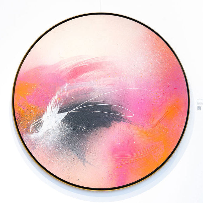 Set The World On Fire" by Kate Mayer: a circular painting with pink, orange, white, and gray strokes resembling feathers.