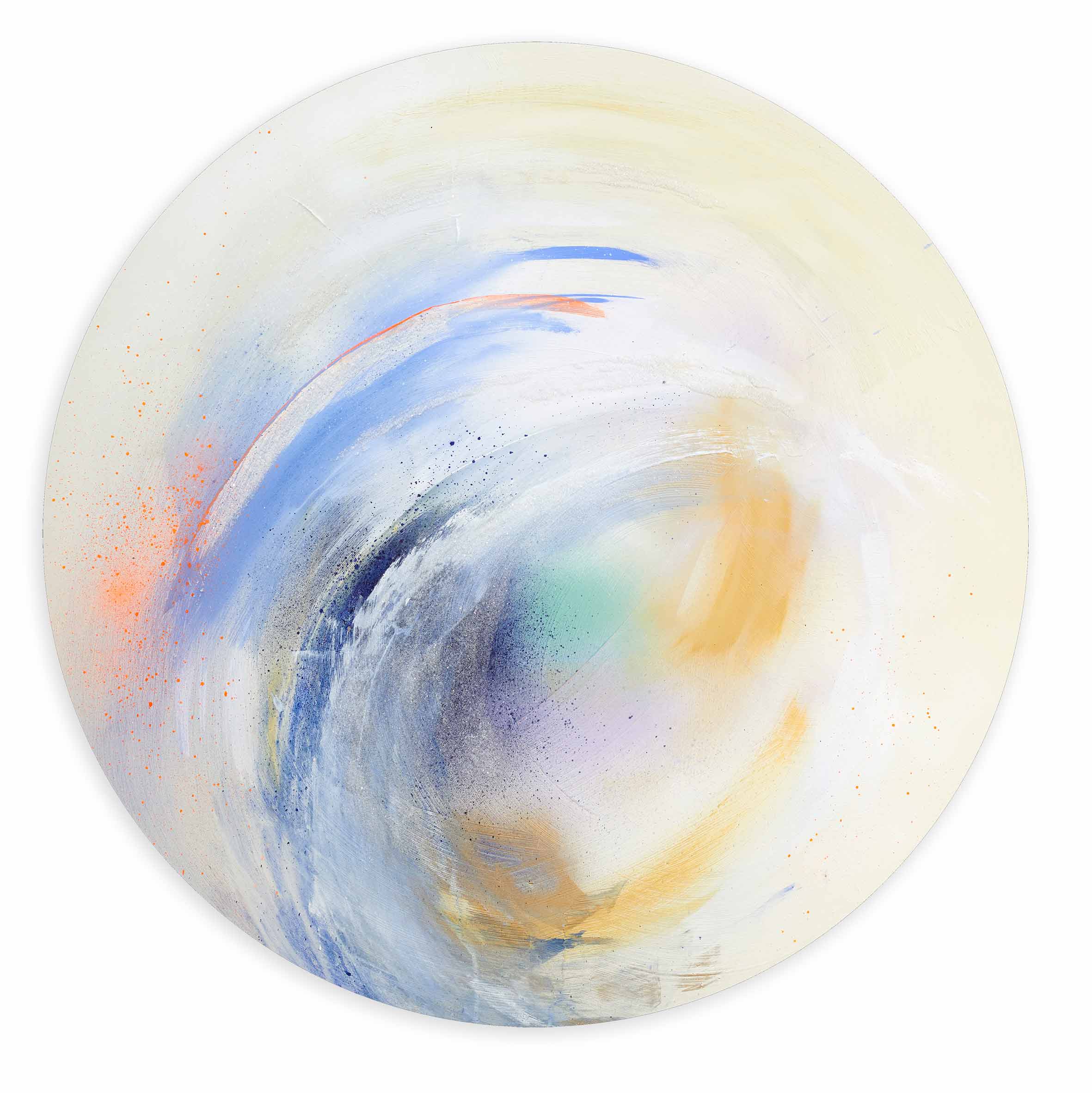 Introducing "Free Spirit," an original painting by renowned artist Kate Mayer. This circular work of art showcases swirling pastel hues of blue, orange, and purple set against a gentle cream background. Crafted with acrylic on canvas, "Free Spirit" beautifully embodies both movement and tranquility.