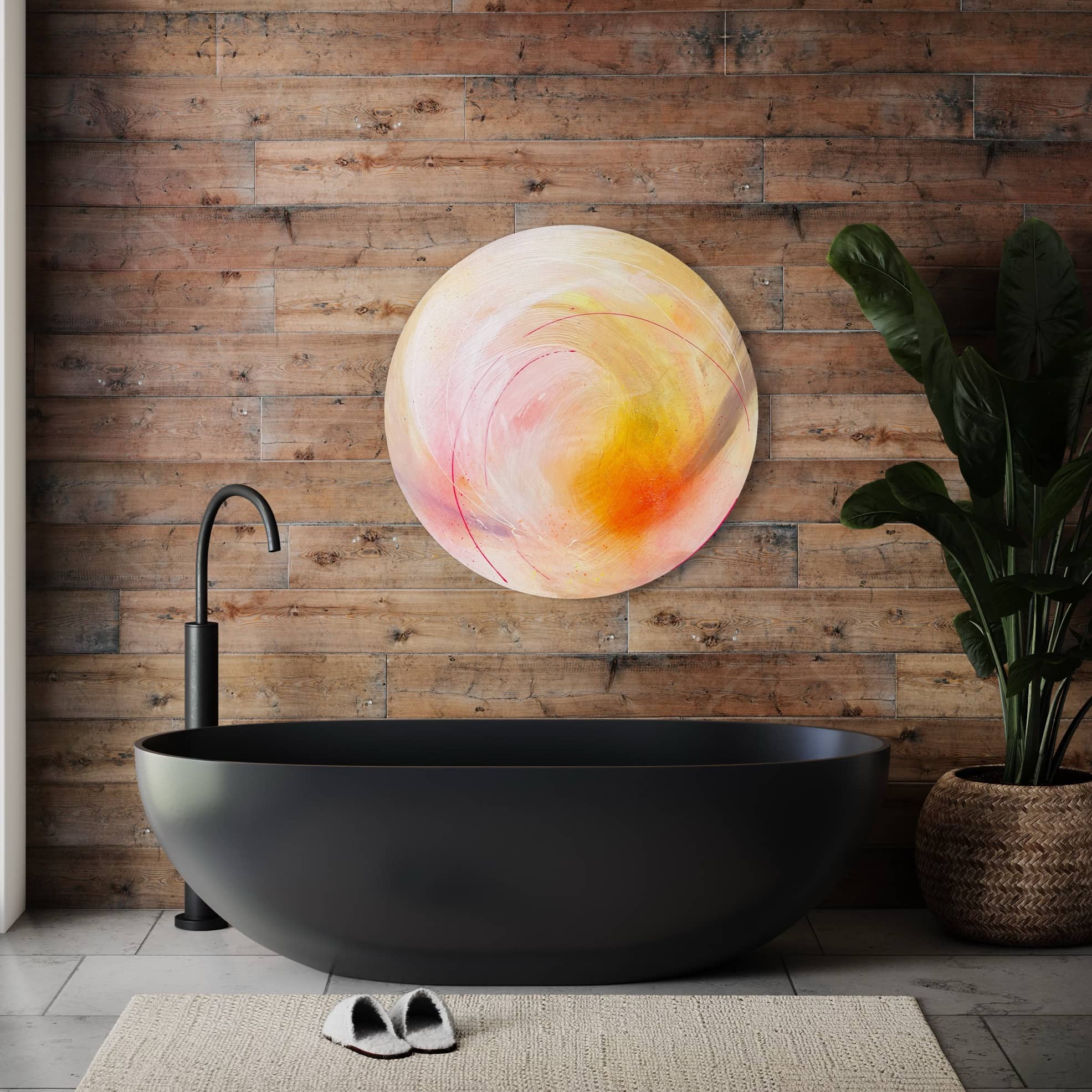 A modern bathroom features a black oval tub, "Happiness Is A Place Within," an original painting by Kate Mayer on the wooden wall, accompanied by a plant and slippers on the floor.