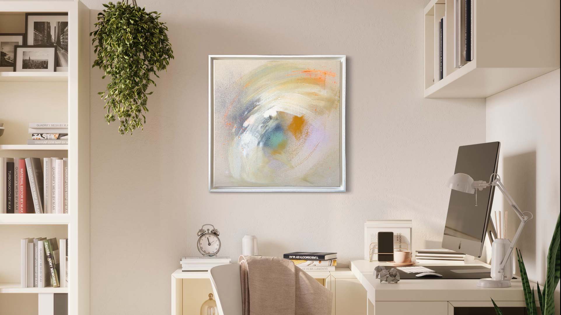 A contemporary home office showcases a sleek desk and computer, with the "Make A Wish - Original Painting" by Kate Mayer beautifully displayed on the wall. Created using acrylic and spray paint, its vivid colors pair perfectly with the greenery of a plant hanging from the ceiling.