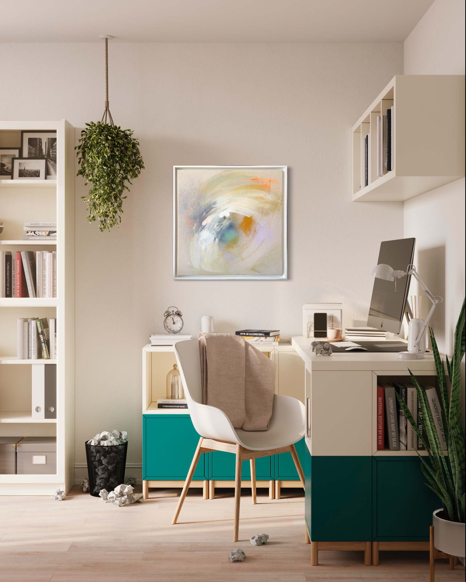 A cozy home office features a white chair, desk, computer, bookshelves, and "Make A Wish," an original painting by Kate Mayer. Enhanced with acrylic and spray paint techniques, the piece complements the hanging plant for a touch of modern artistry.