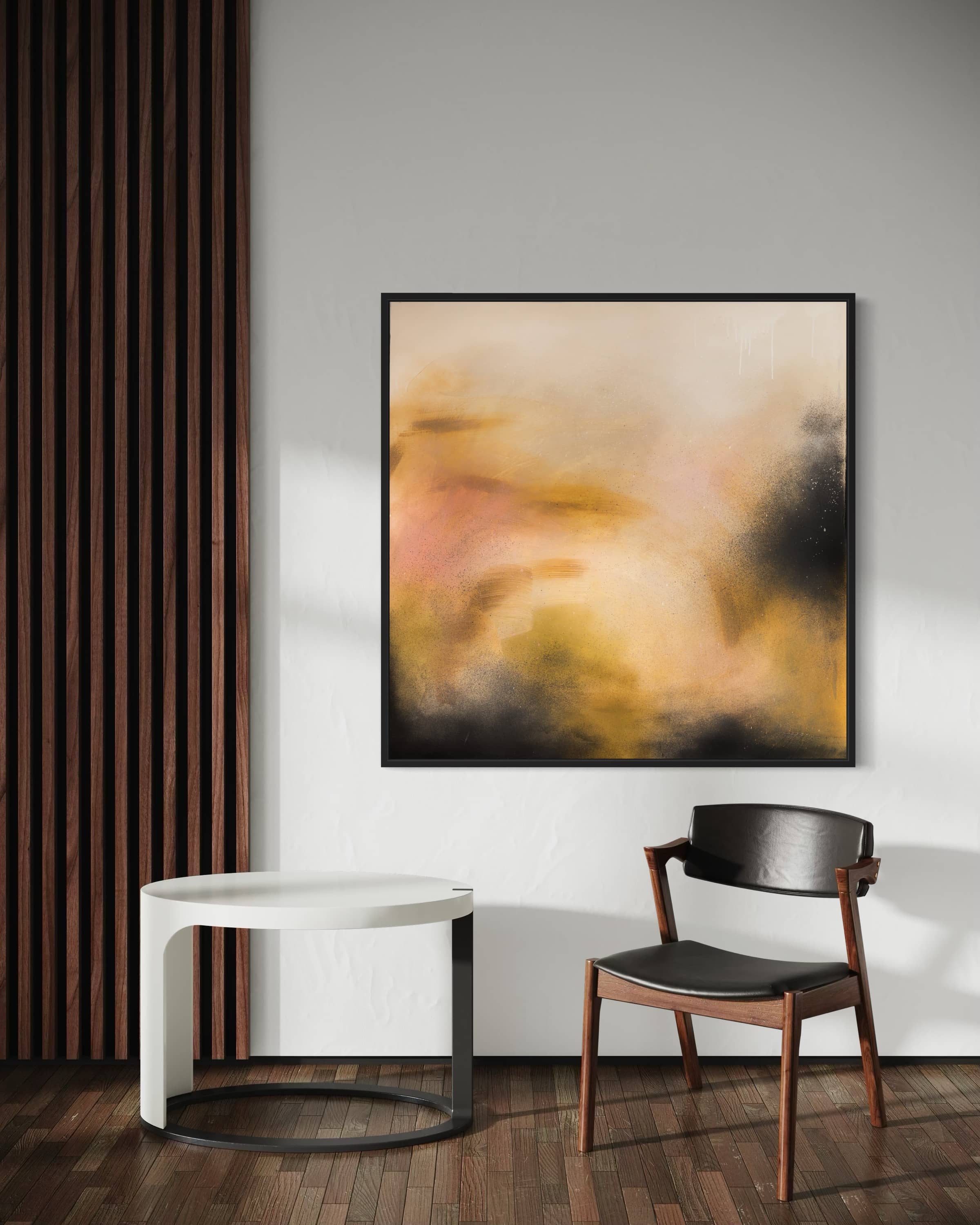 Everything In Its Right Place" by Kate Mayer framed above a modern chair and white table in a minimalist room.