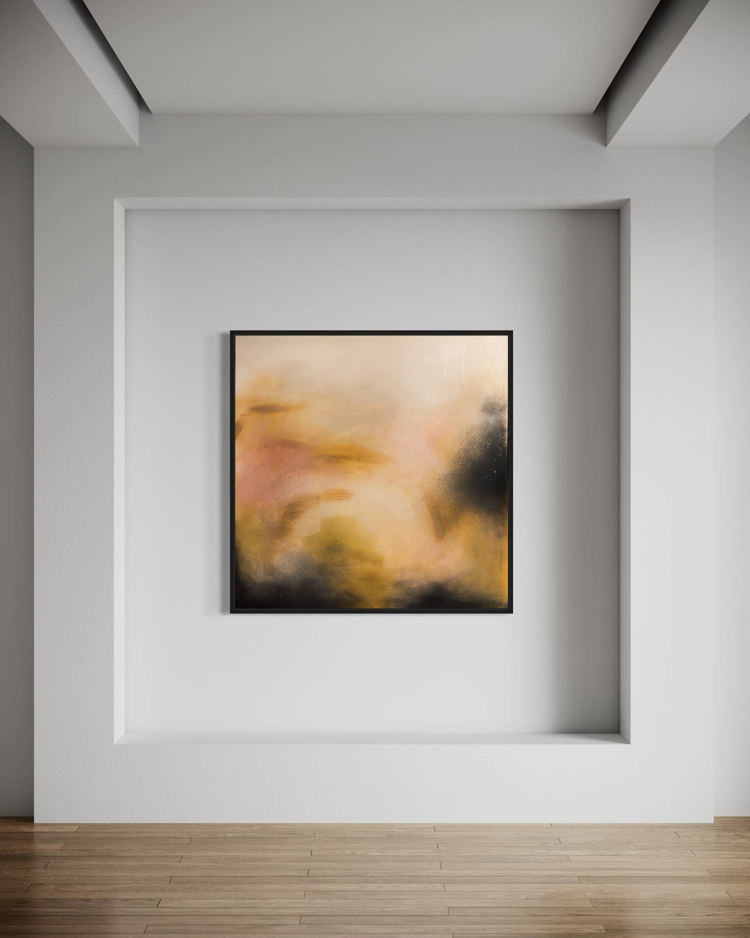 Everything In Its Right Place" by Kate Mayer, an acrylic on canvas in warm tones, hangs on a modern room's white wall.