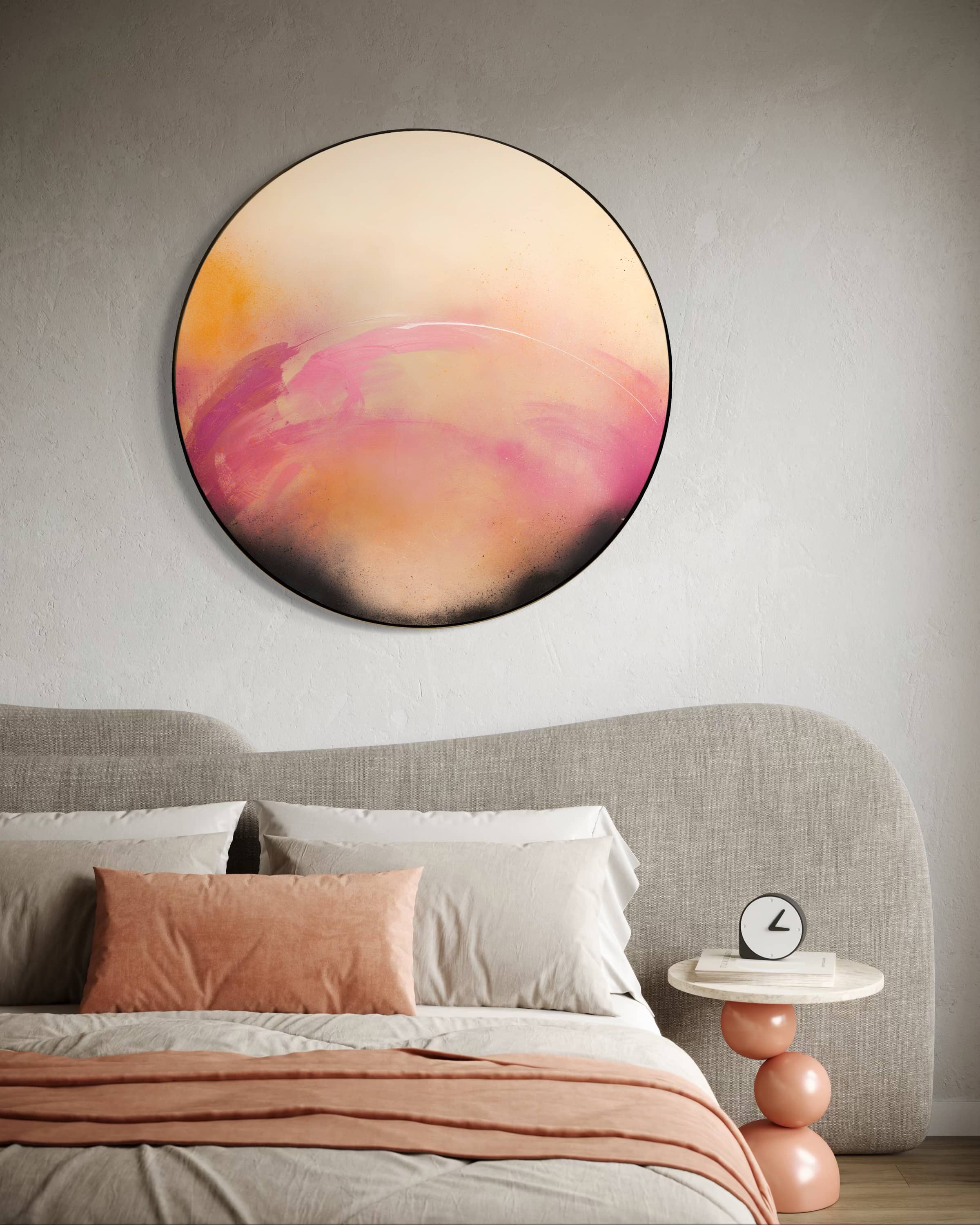 I Wait With Good Intentions" by Kate Mayer: acrylic on plywood in pink, orange & cream above a modern peach-bedded bed.