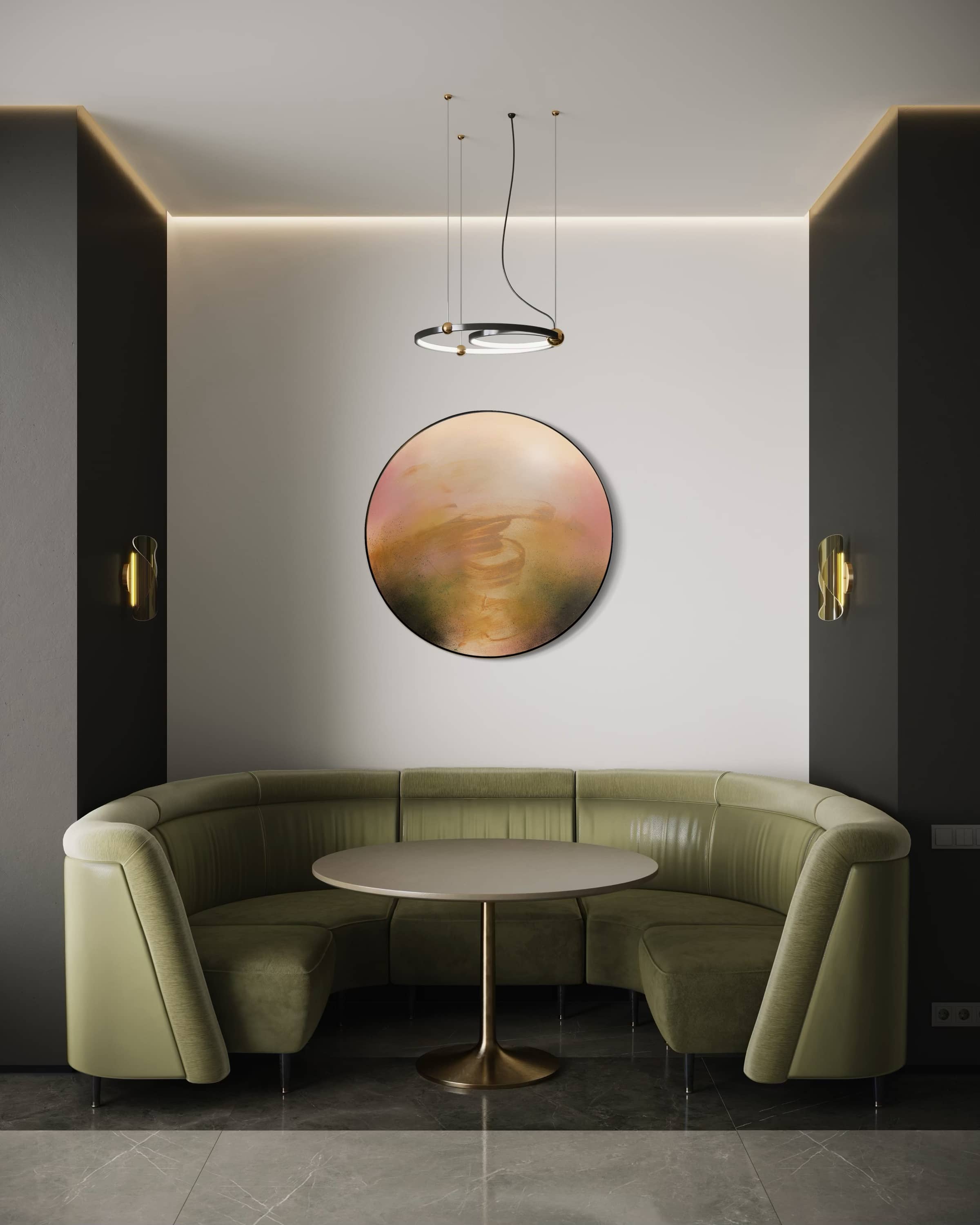 Modern nook with Kindling sofa by Kate Mayer, round table, abstract painting in metal float frame, and gray walls.