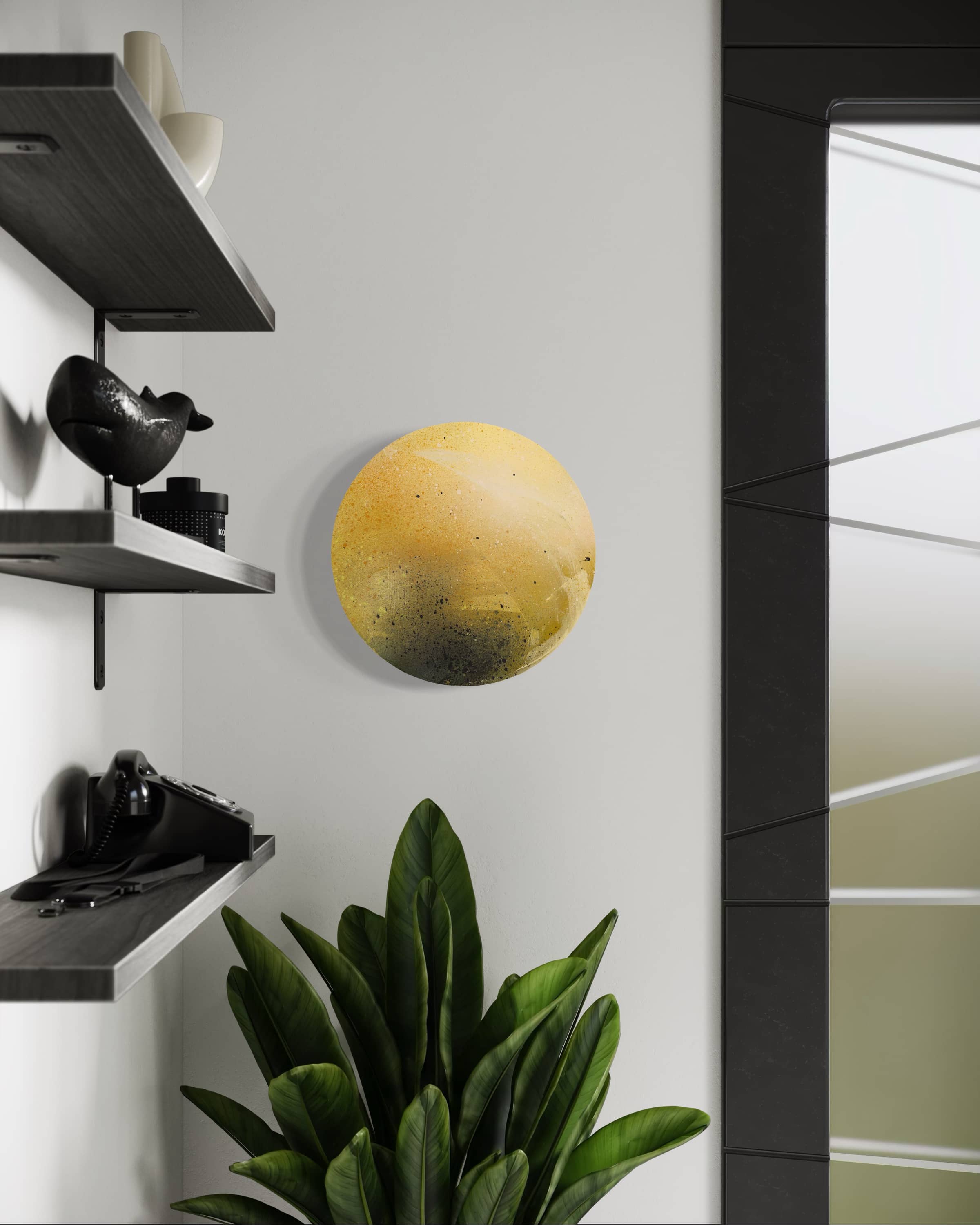 Modern interior featuring "Meadowlarks" by Kate Mayer on a circular panel, green plant, decor shelves, and large mirror.