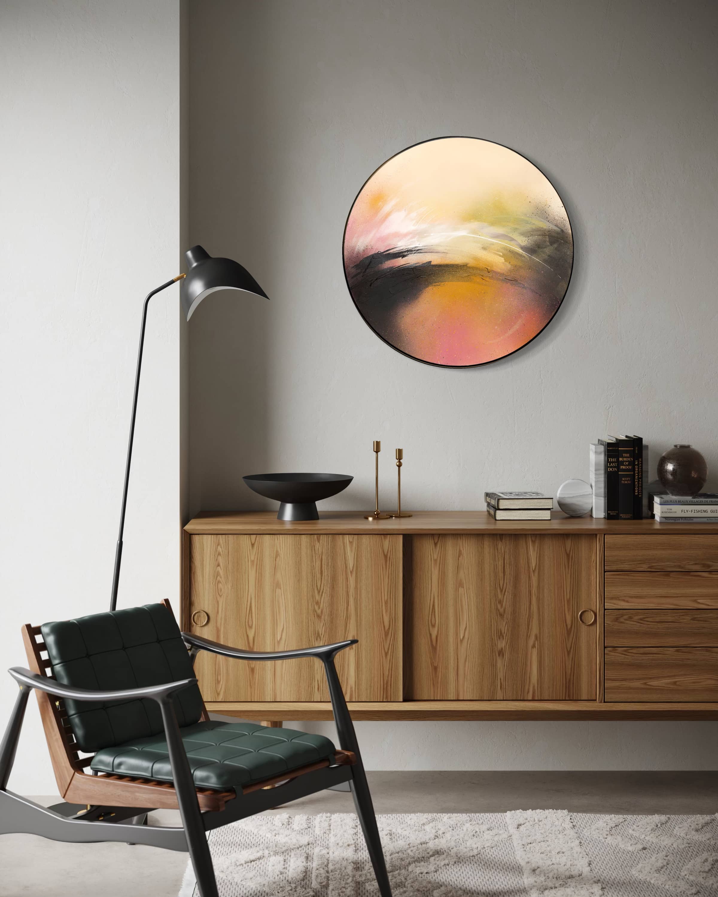 Modern living room with wooden sideboard, green chair, black lamp, and "One Day Like This" art by Kate Mayer.
