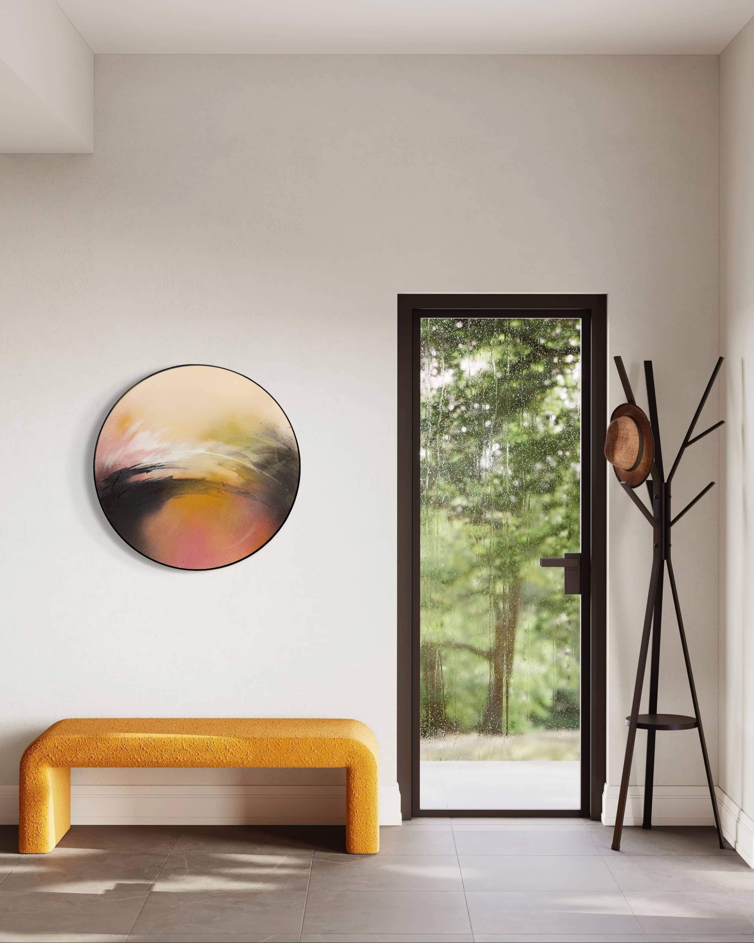 Minimal entryway with yellow bench, "One Day Like This" by Kate Mayer, coat rack with hats, and glass door to greenery.