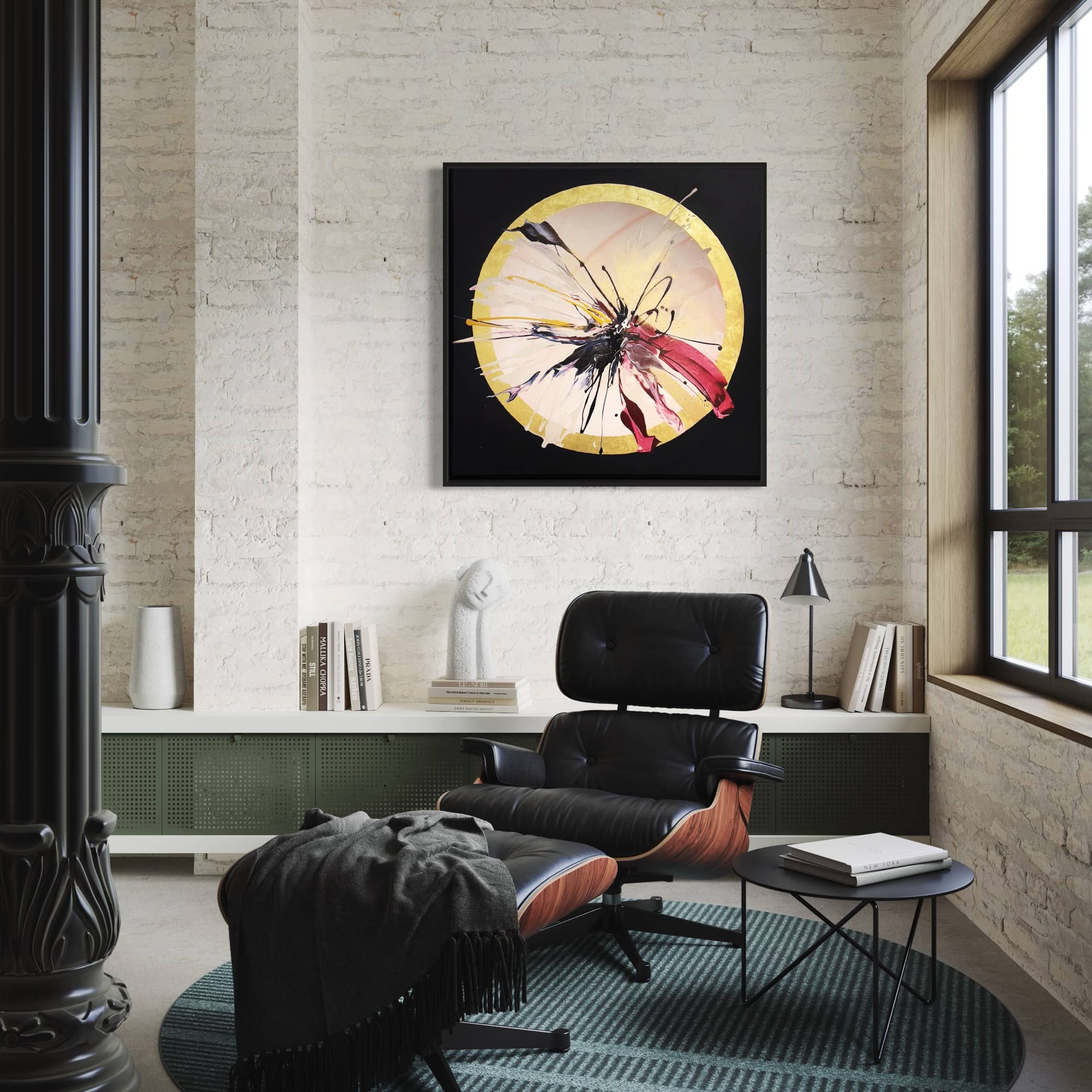 Modern living room with "Expansions," an original painting by Kate Mayer, ready to hang on the wall, a black Eames lounge chair with a matching ottoman, and a side table.