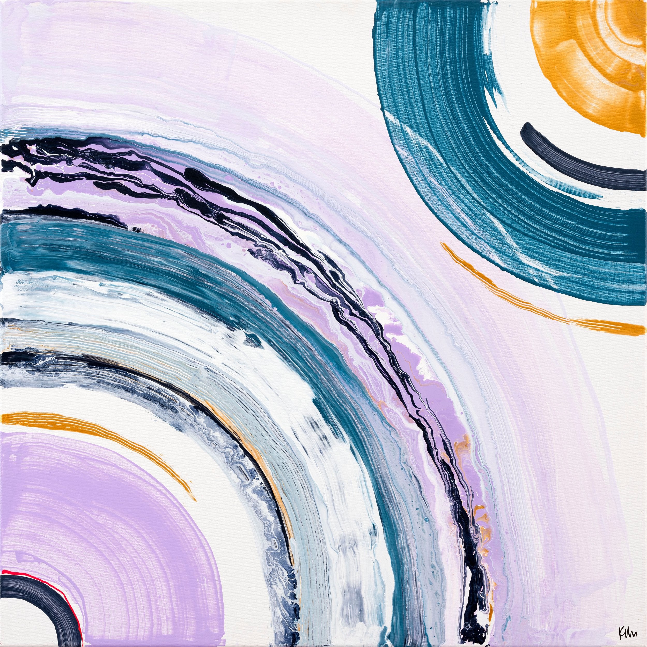 Introducing "Between Us" by Kate Mayer, an original abstract painting showcasing swirling brushstrokes in teal, lavender, gold, and black. This masterpiece utilizes acrylic and spray paint techniques to form circular and layered patterns that captivate with a mesmerizing dance of colors.