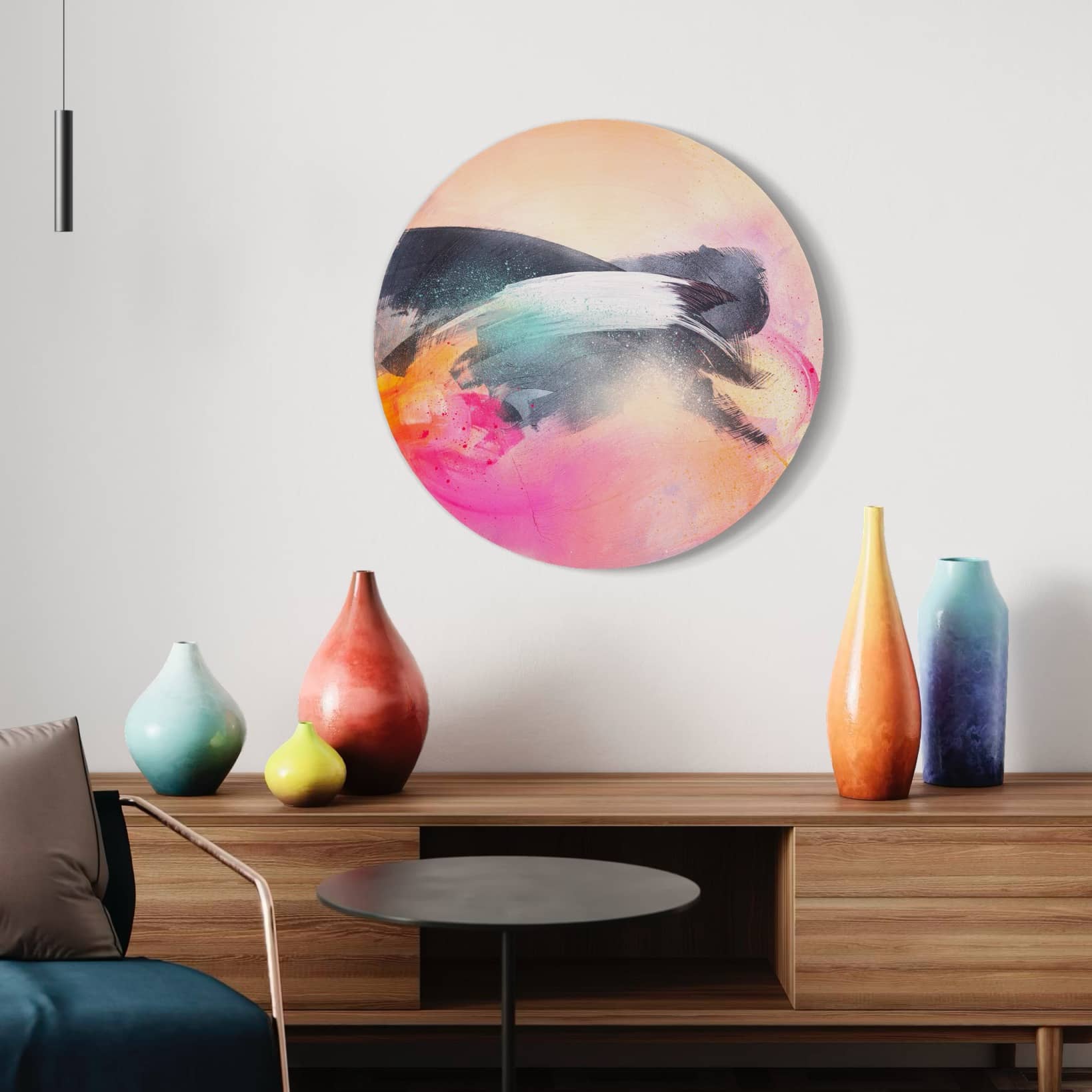 The original painting "Glow Up" by Kate Mayer, crafted with acrylic and spray paint, adorns the wall above a wooden console.