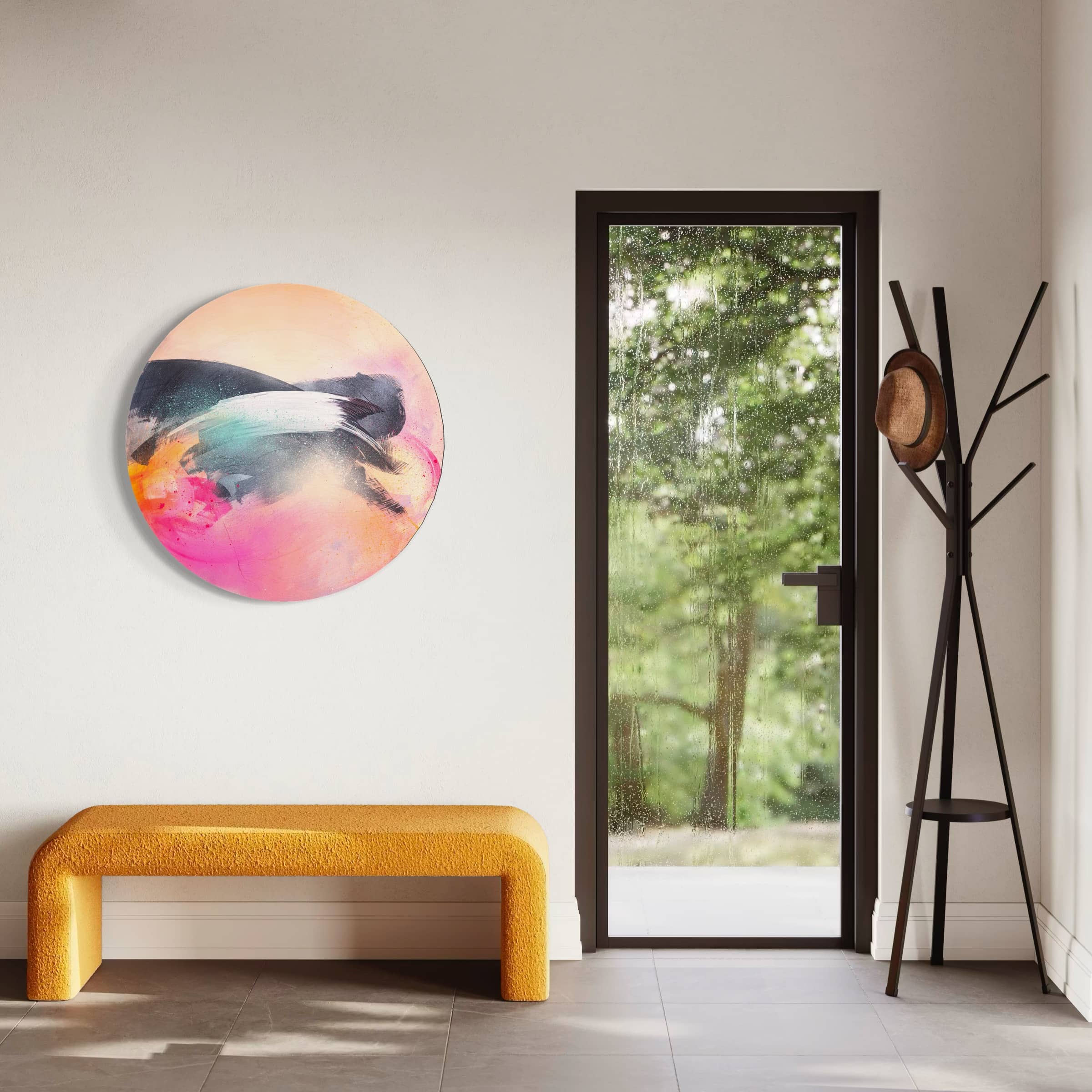 Glow Up," an original by Kate Mayer, hangs above an orange bench; a tree-view door and hat stand are to the right.