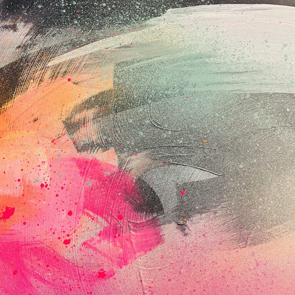 Glow Up - Original Painting by Kate Mayer features vibrant pink, orange, and green brushstrokes on a textured background.
