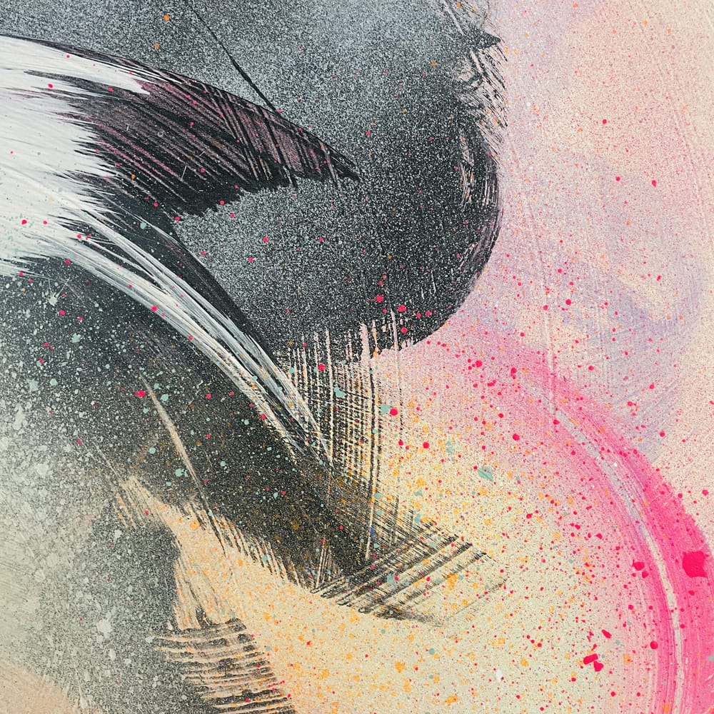 Glow Up by Kate Mayer features dynamic brush strokes and splatters with acrylic and spray paint in pink, black, and white.