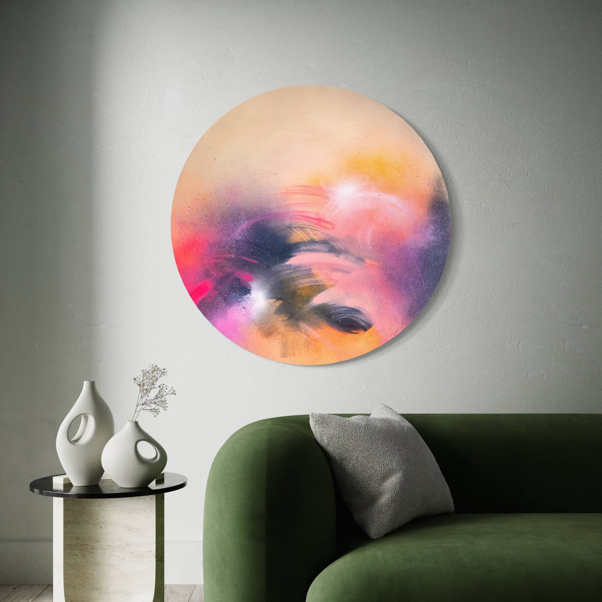 'A Star is Born' by Kate Mayer, a vibrant acrylic art, hangs above a green couch and table with white vases.