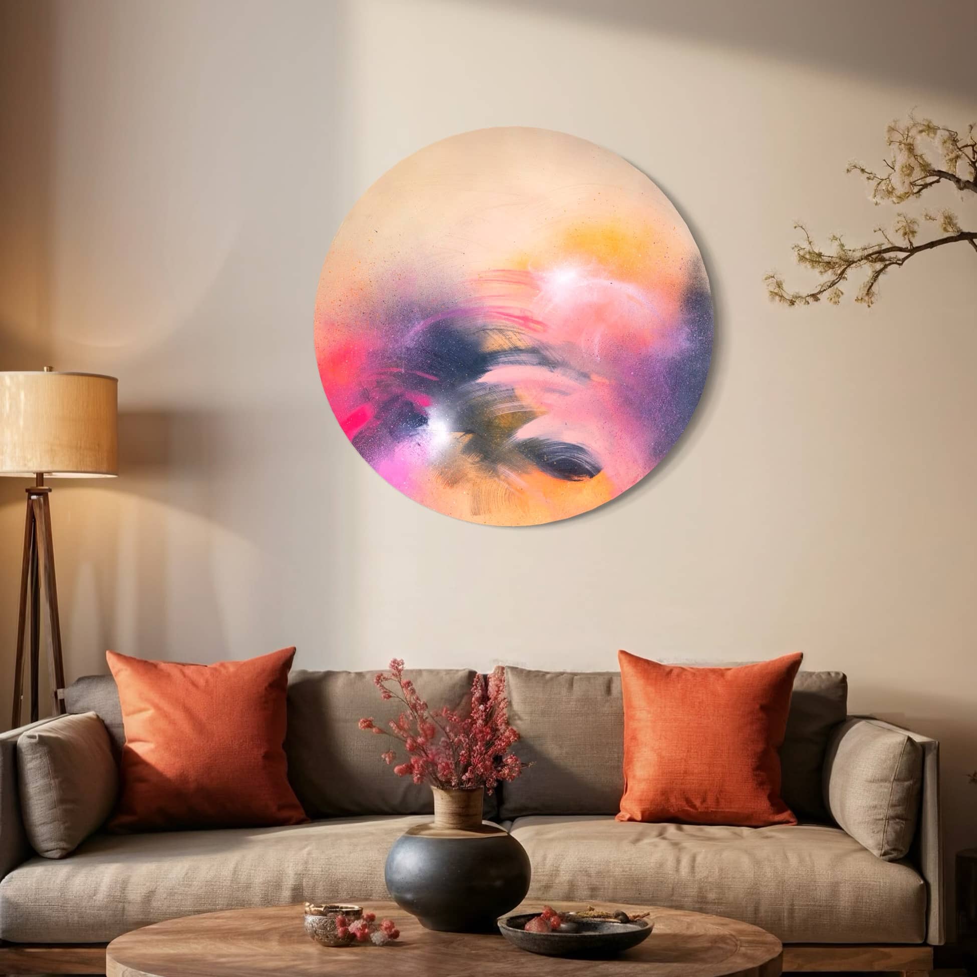 The beige sofa with orange pillows is accented by "A Star is Born," an acrylic piece in pink, purple, and orange hues by Kate Mayer.