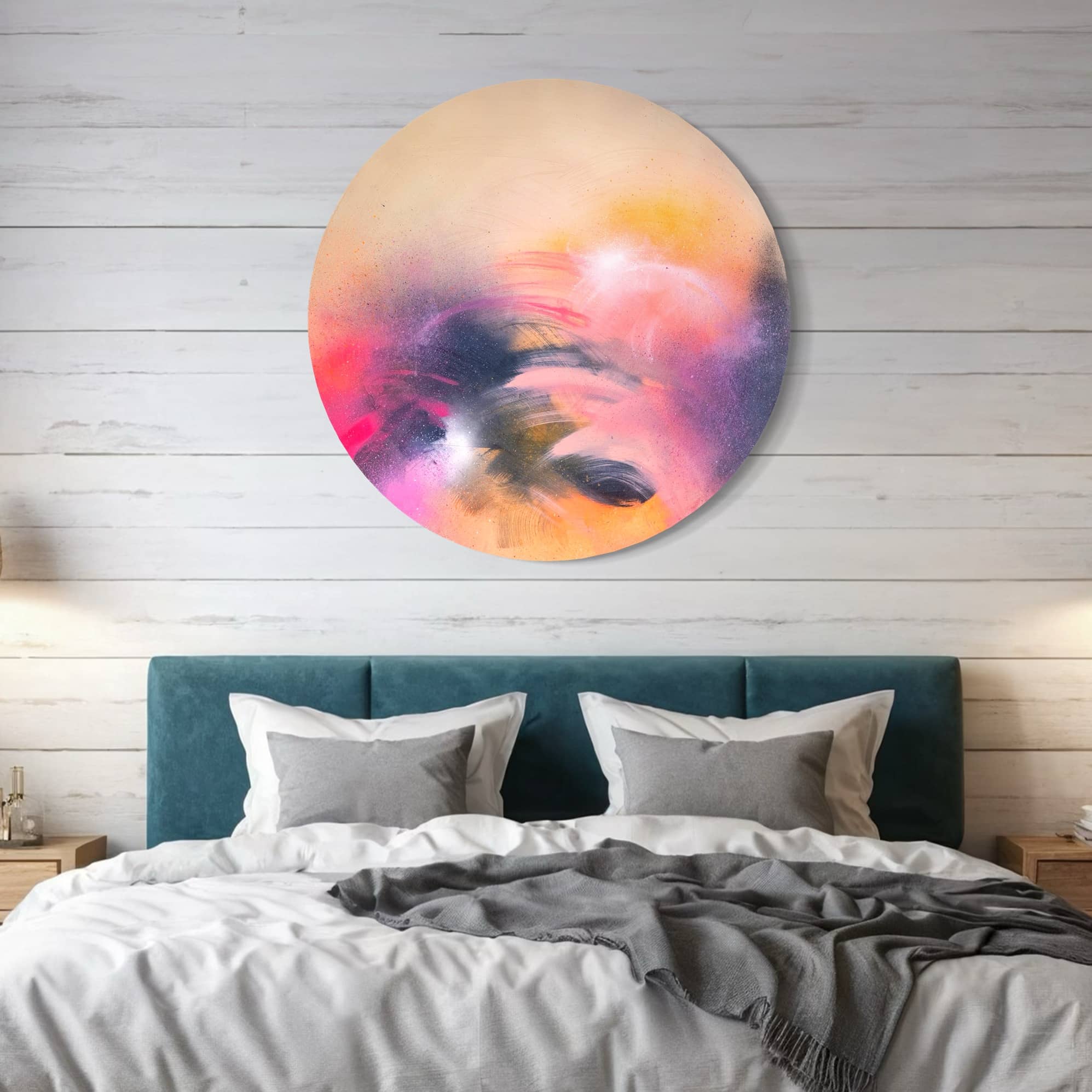 A Star is Born" by Kate Mayer hangs above a bed with a green headboard in a cozy bedroom.