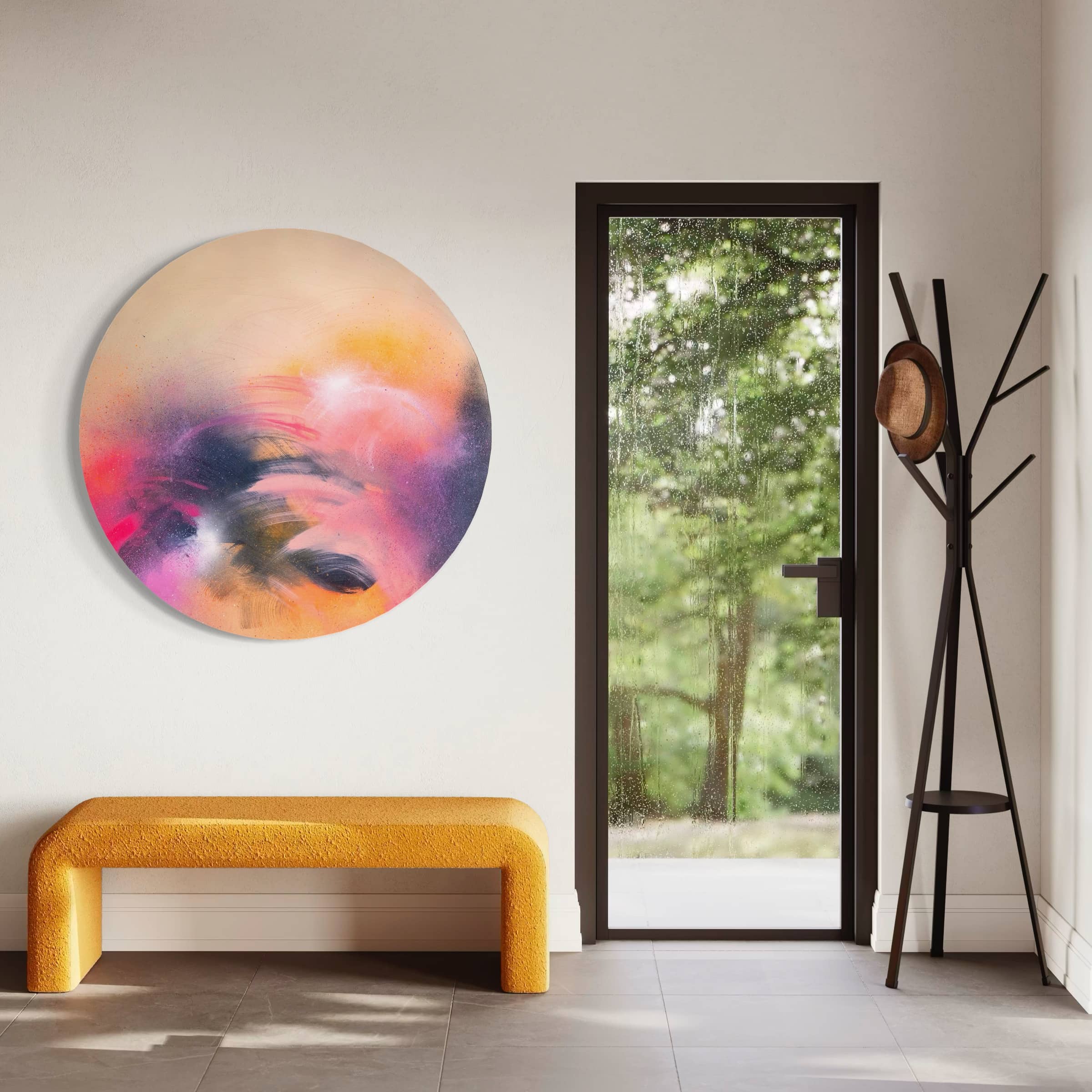 Modern interior with Kate Mayer's "A Star is Born" painting, yellow bench, coat rack with hats, and glass door to greenery.