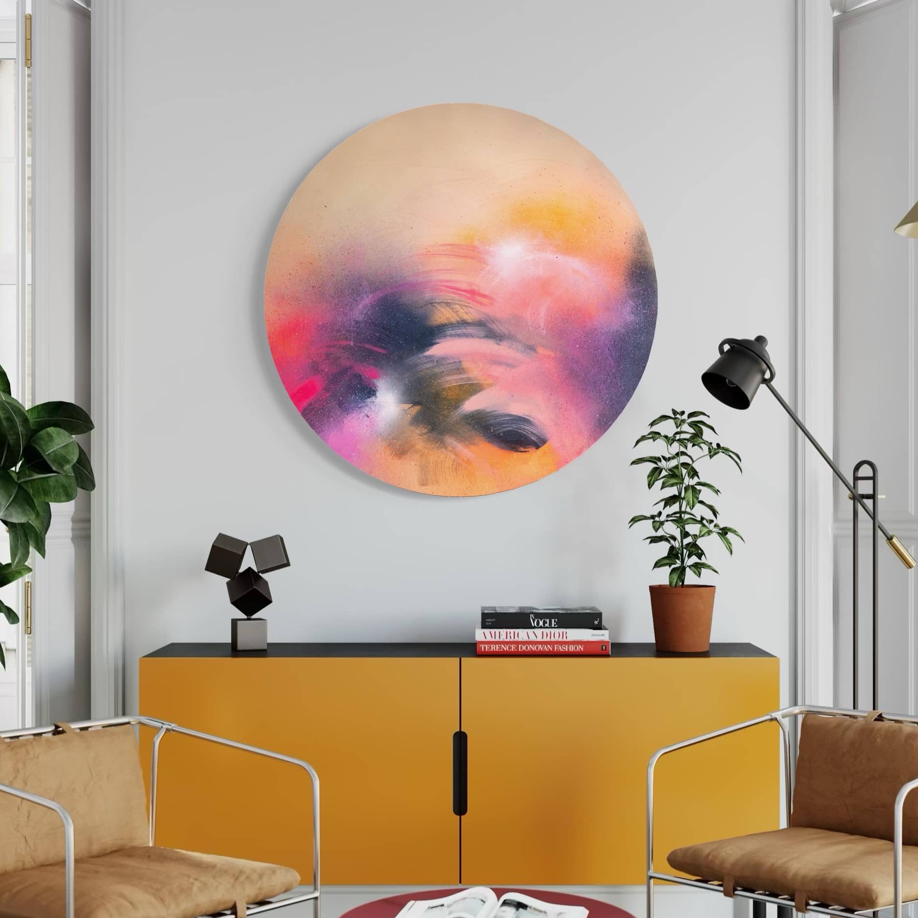 A Star is Born" by Kate Mayer adds vibrant color to a mustard sideboard with plants and modern decor.