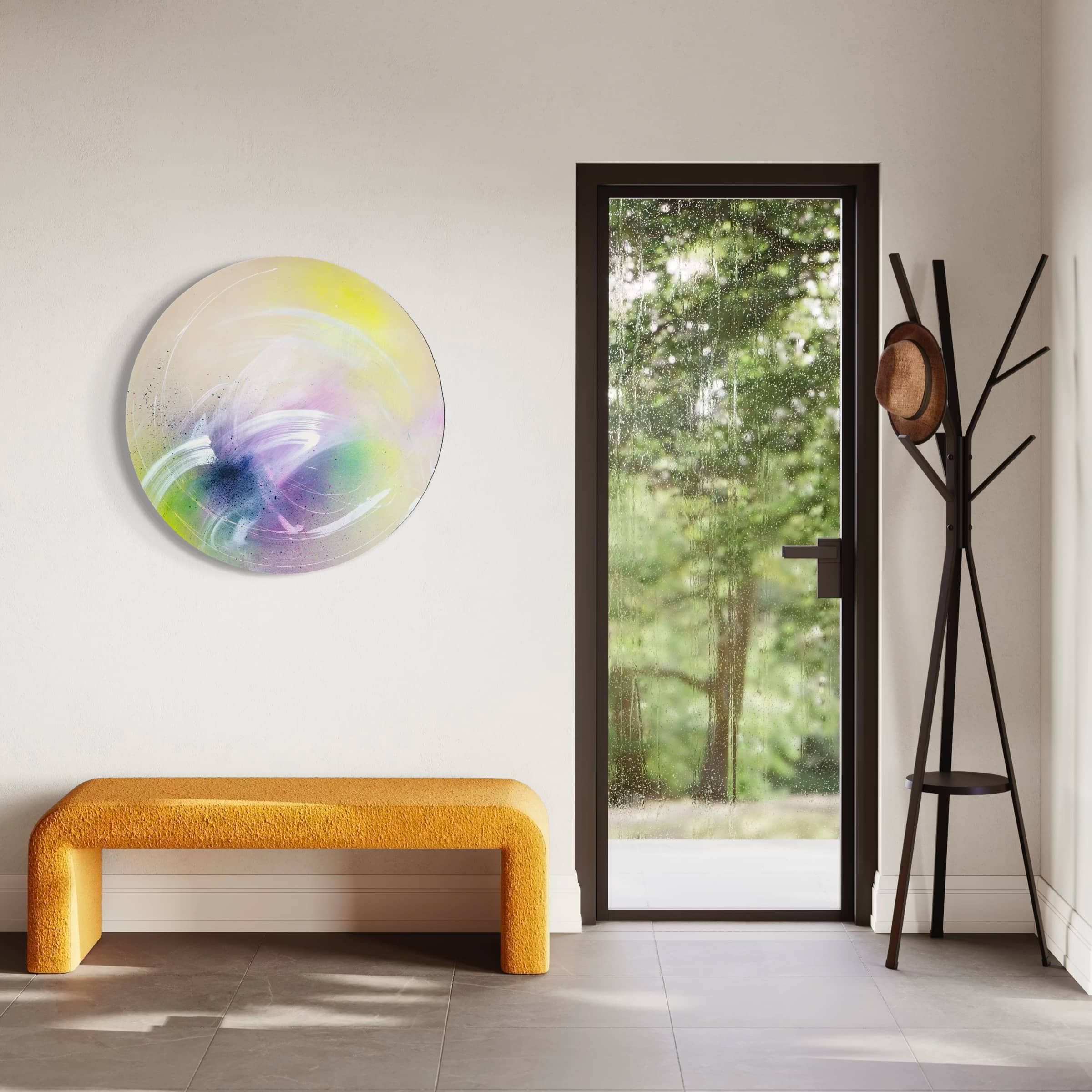 Minimalist entryway with "I Believe In Miracles" by Kate Mayer, a yellow bench, tall hat stand, and glass door to the garden.