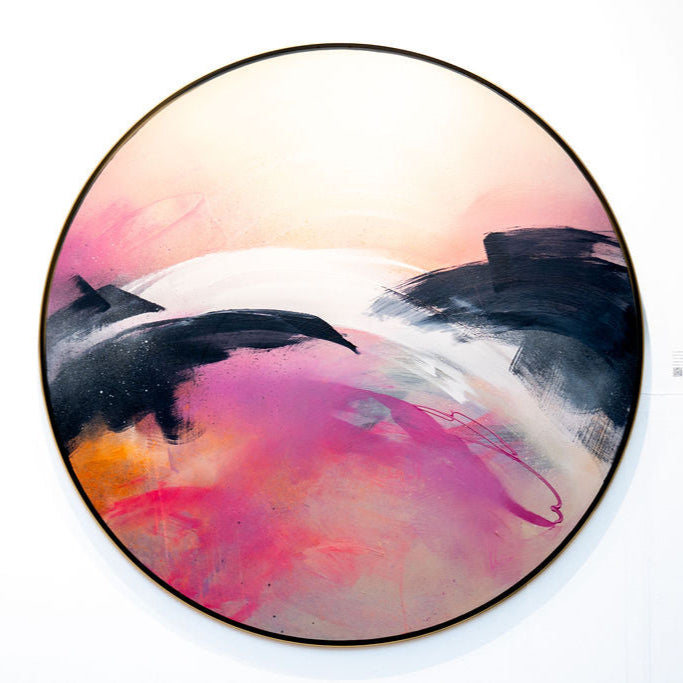 Kate Mayer's "It's A New Dawn" features original pink, black, and white acrylic and spray brushstrokes on a light background.