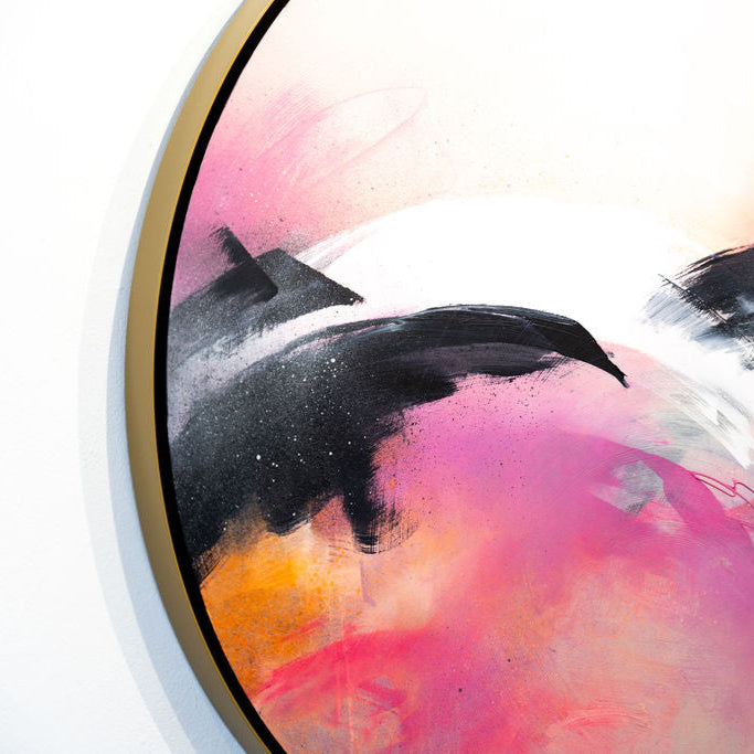 It's A New Dawn" by Kate Mayer: An abstract painting with vibrant pink, black, and white brushstrokes in a handmade metal frame.