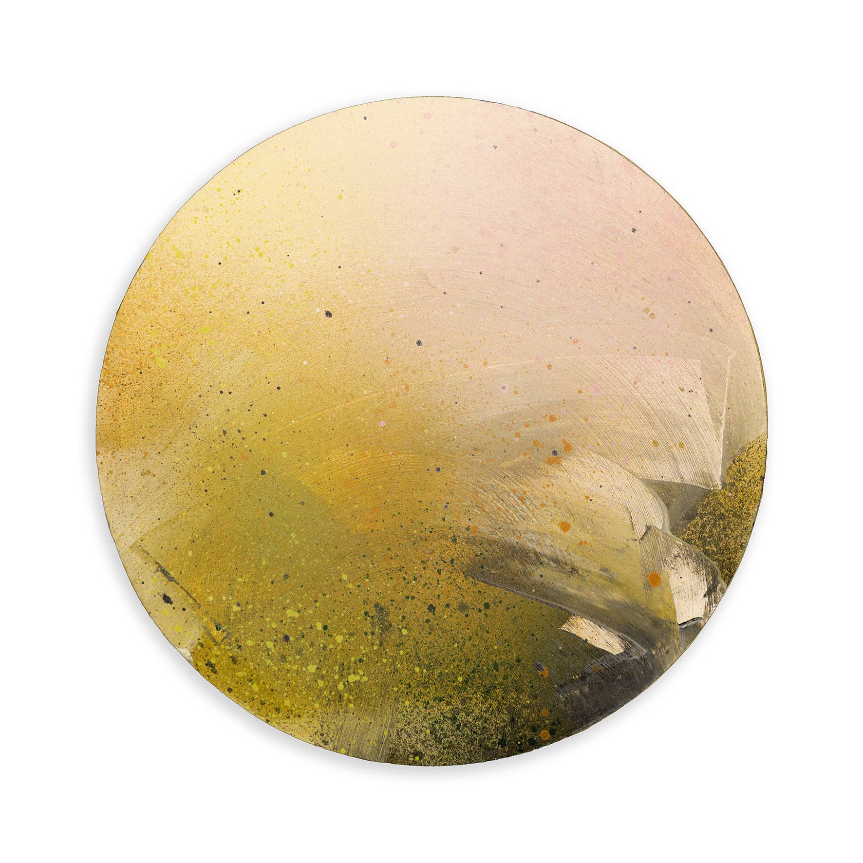 Everything I Am Is Yours by Kate Mayer: round abstract painting with yellow, pink, and white on circular plywood panel.