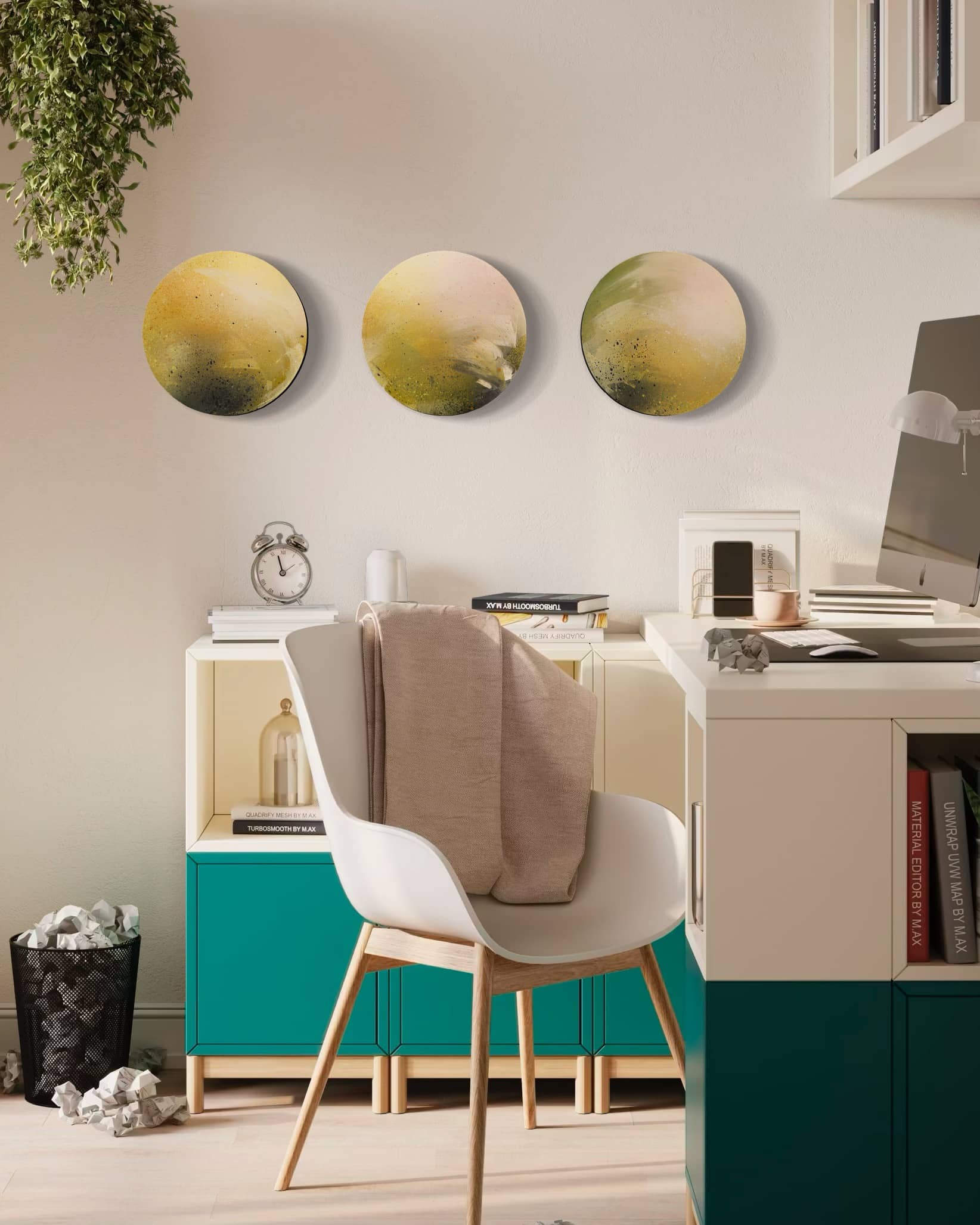 Modern home office featuring Meadowlarks art by Kate Mayer, plus a white chair, desk, green cabinet, and hanging plant.