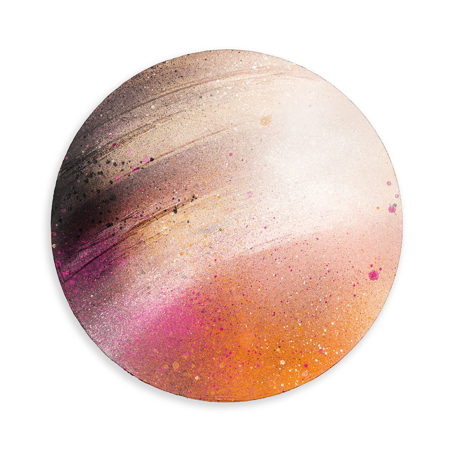 Heaven by Kate Mayer: a circular abstract painting with orange, pink, black, and white splatters on plywood.