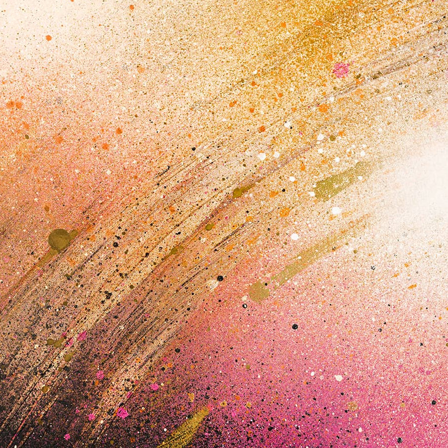 Heaven by Kate Mayer: abstract painting on circular plywood panel with orange, gold, and pink brushstrokes.