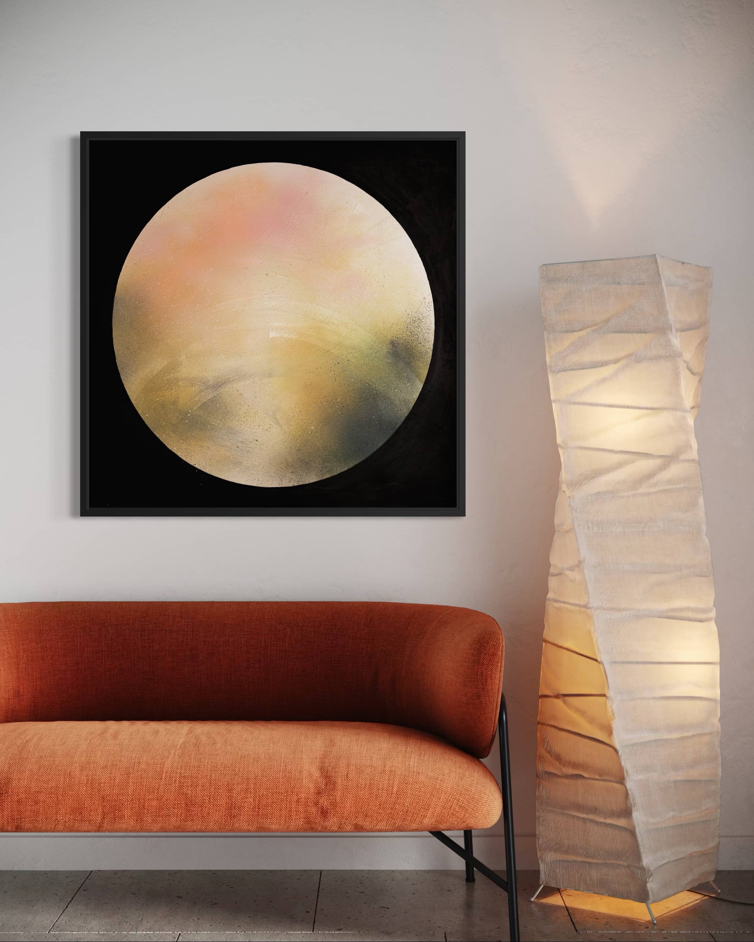 A modern living room with an orange sofa, tall white lamp, and "Keep Time On Me" by Kate Mayer on canvas.