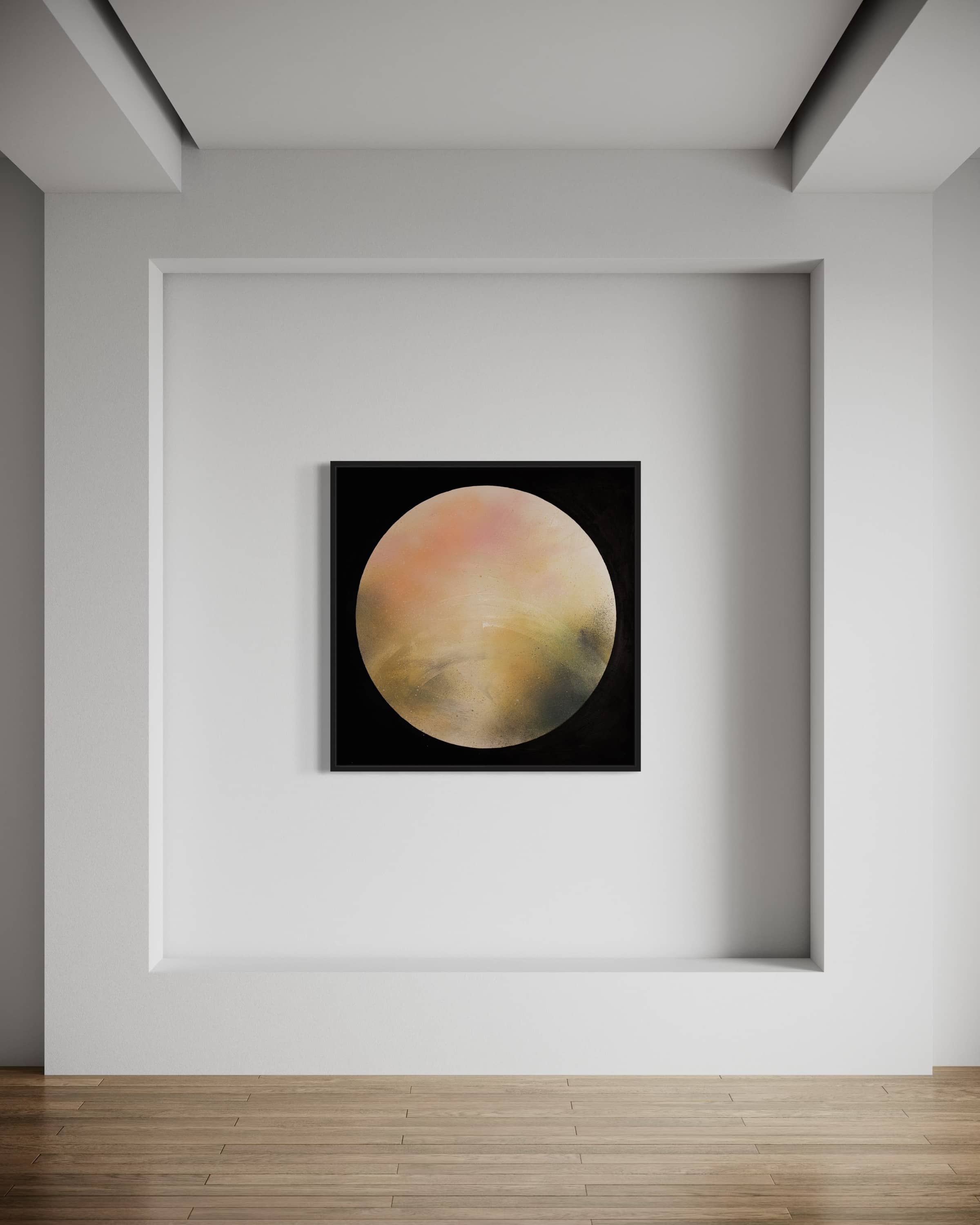 Keep Time On Me" by Kate Mayer: abstract circular acrylic on canvas in soft pastels, set against a black background.