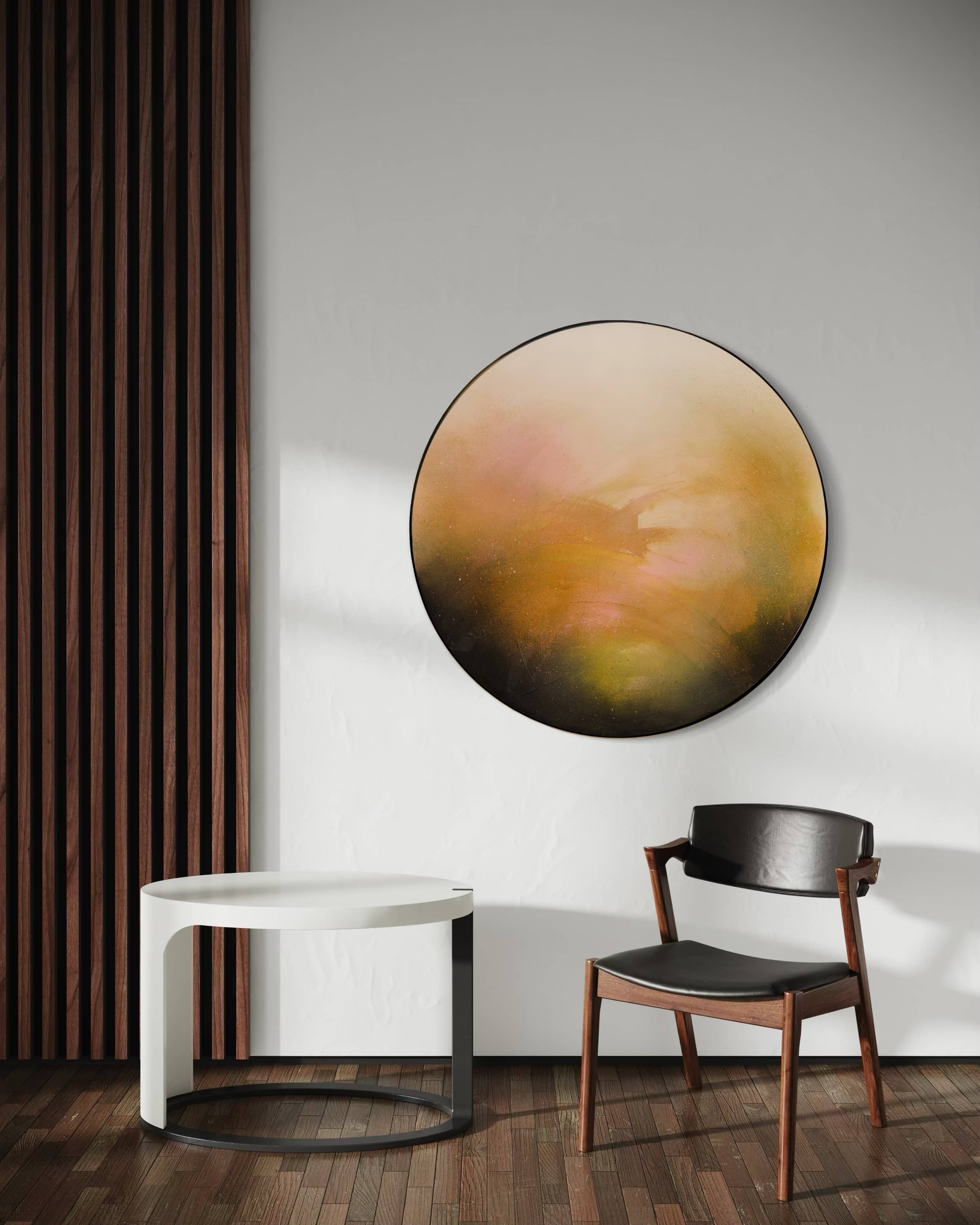 Minimalist room with Kate Mayer's "Only Now I See The Light" on a circular panel, modern white table, and black chair.
