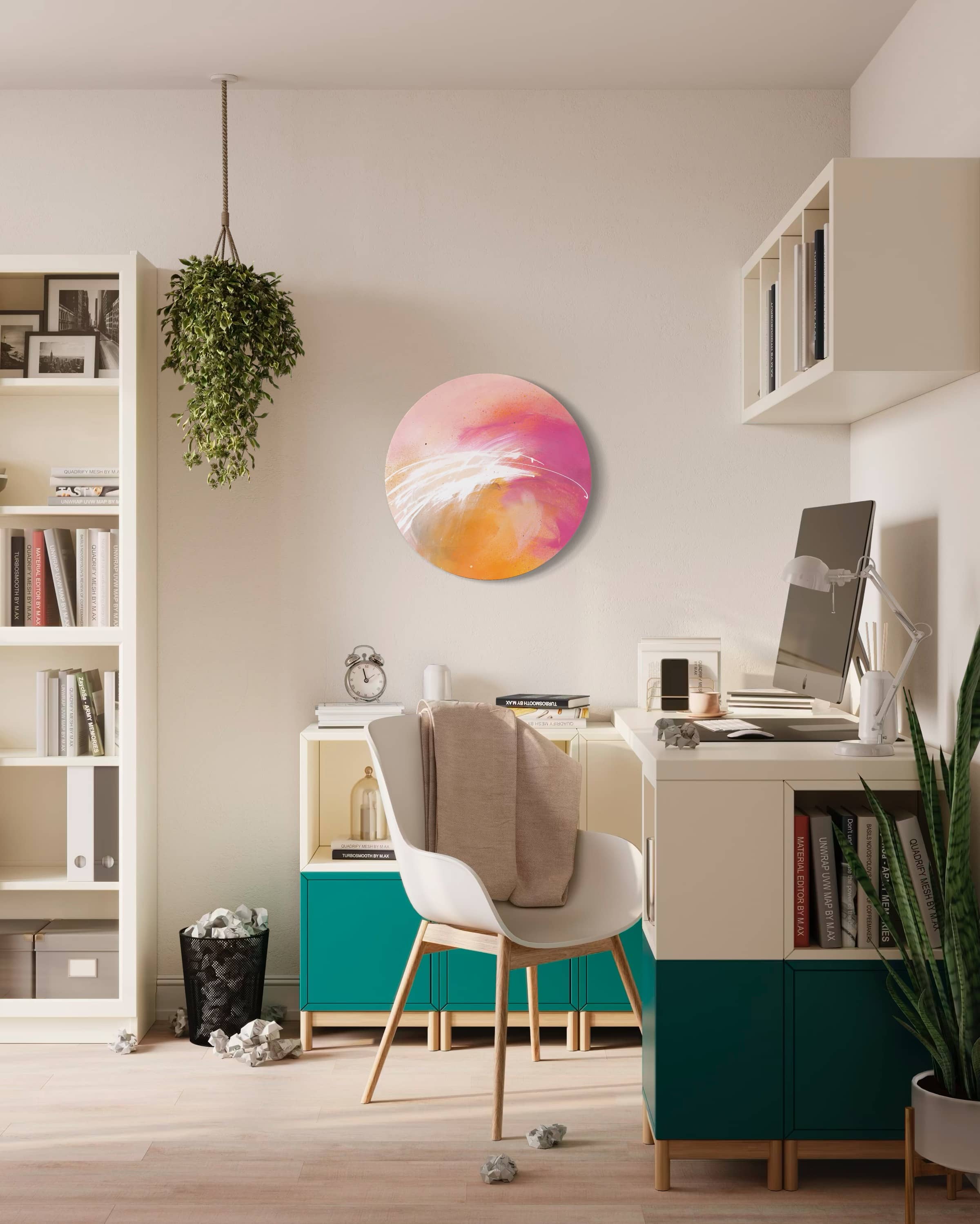 A modern home office with desk, computer, bookshelves, plants, and Shine On wall art by Kate Mayer.