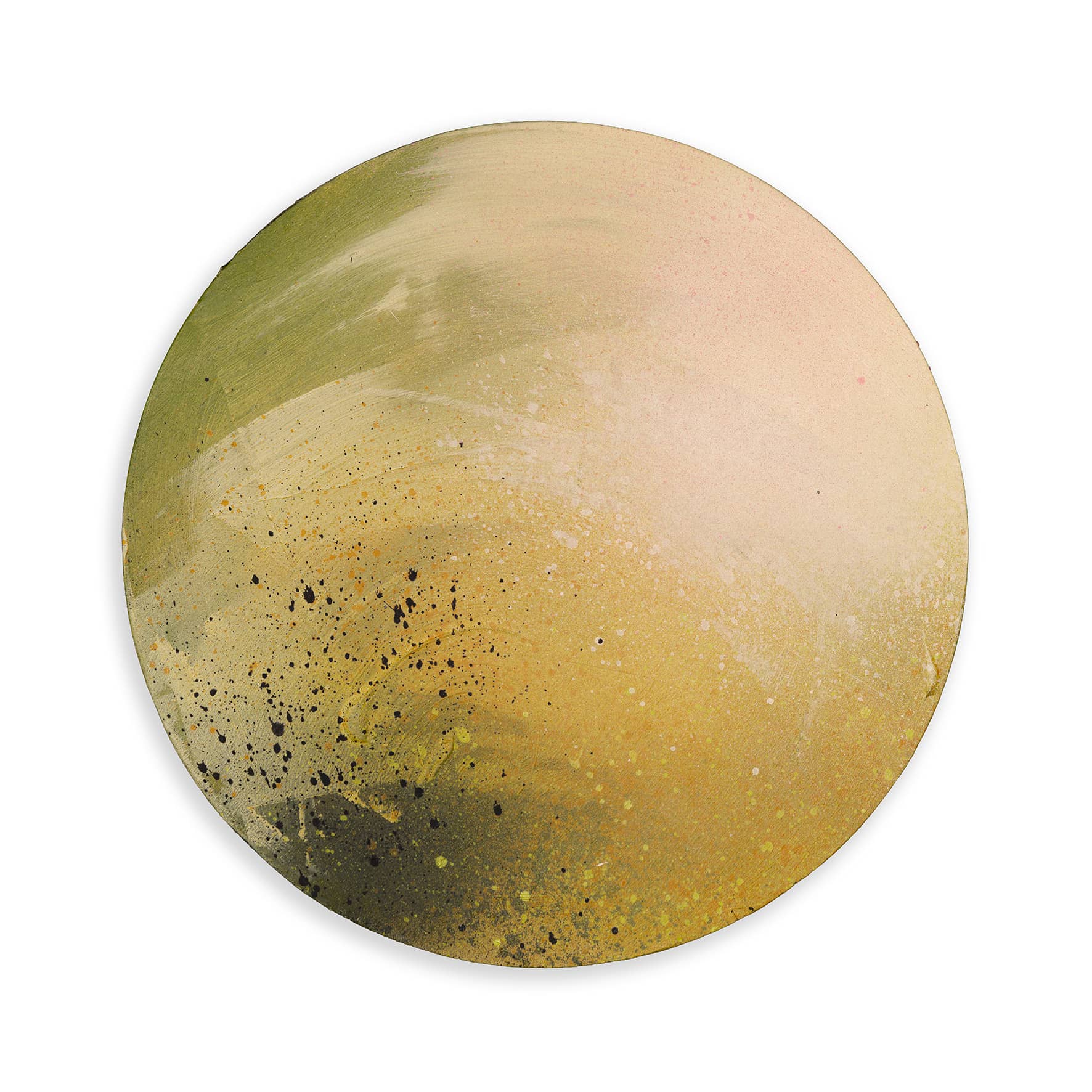 Twin Moons On A Millpond by Kate Mayer—a round abstract acrylic painting in beige, yellow, and green on plywood.