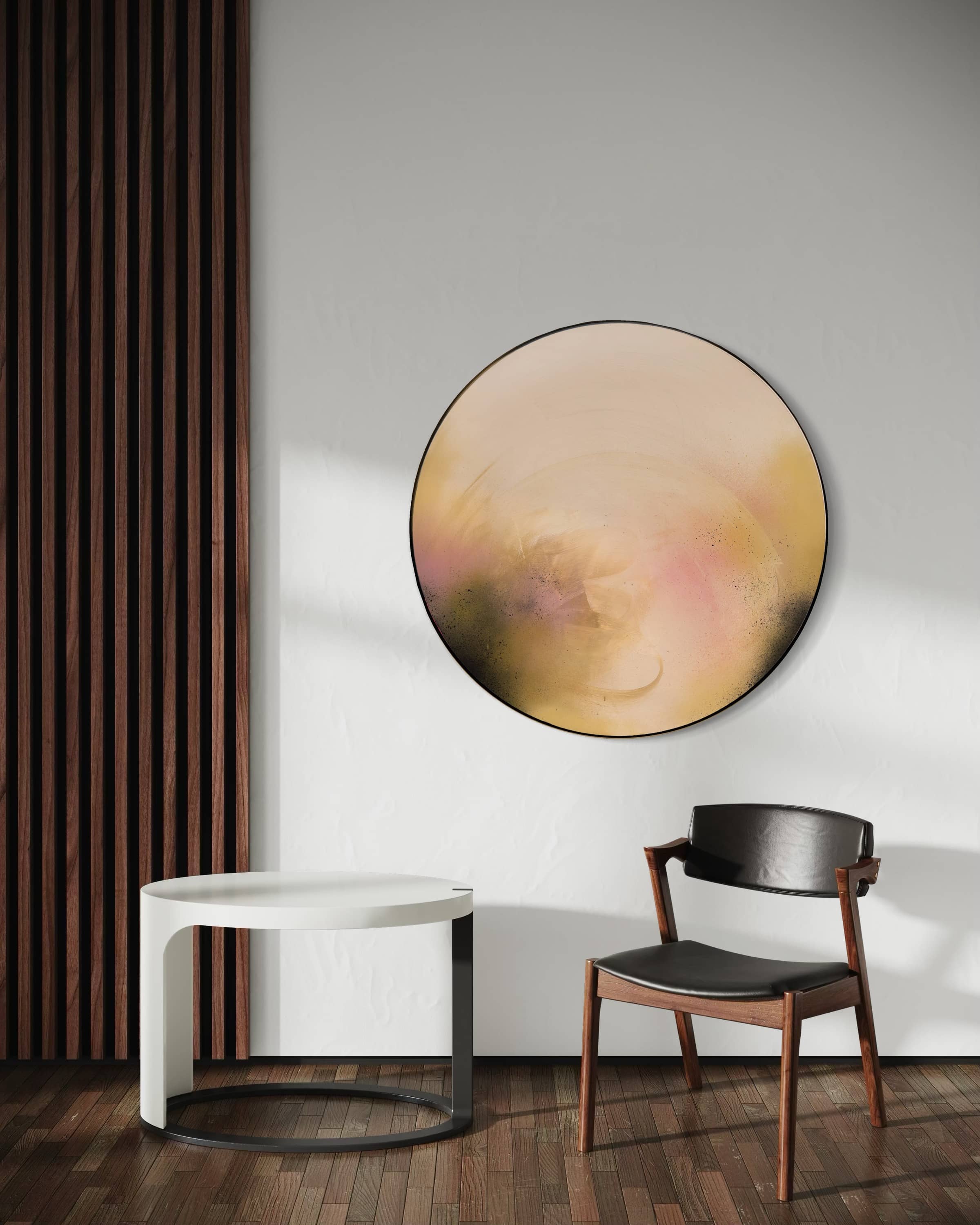 Modern minimalist room with "You Made The Moon Our Mirrorball" by Kate Mayer in a handmade metal float frame.