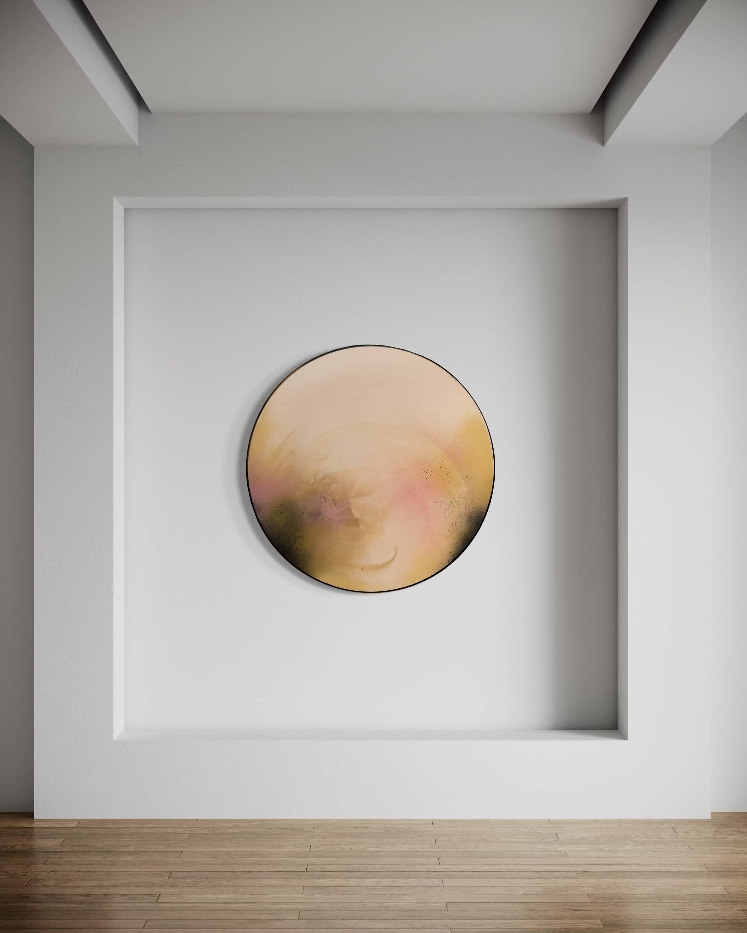 You Made The Moon Our Mirrorball" by Kate Mayer: abstract circular art in warm tones, framed and displayed above wood floor.