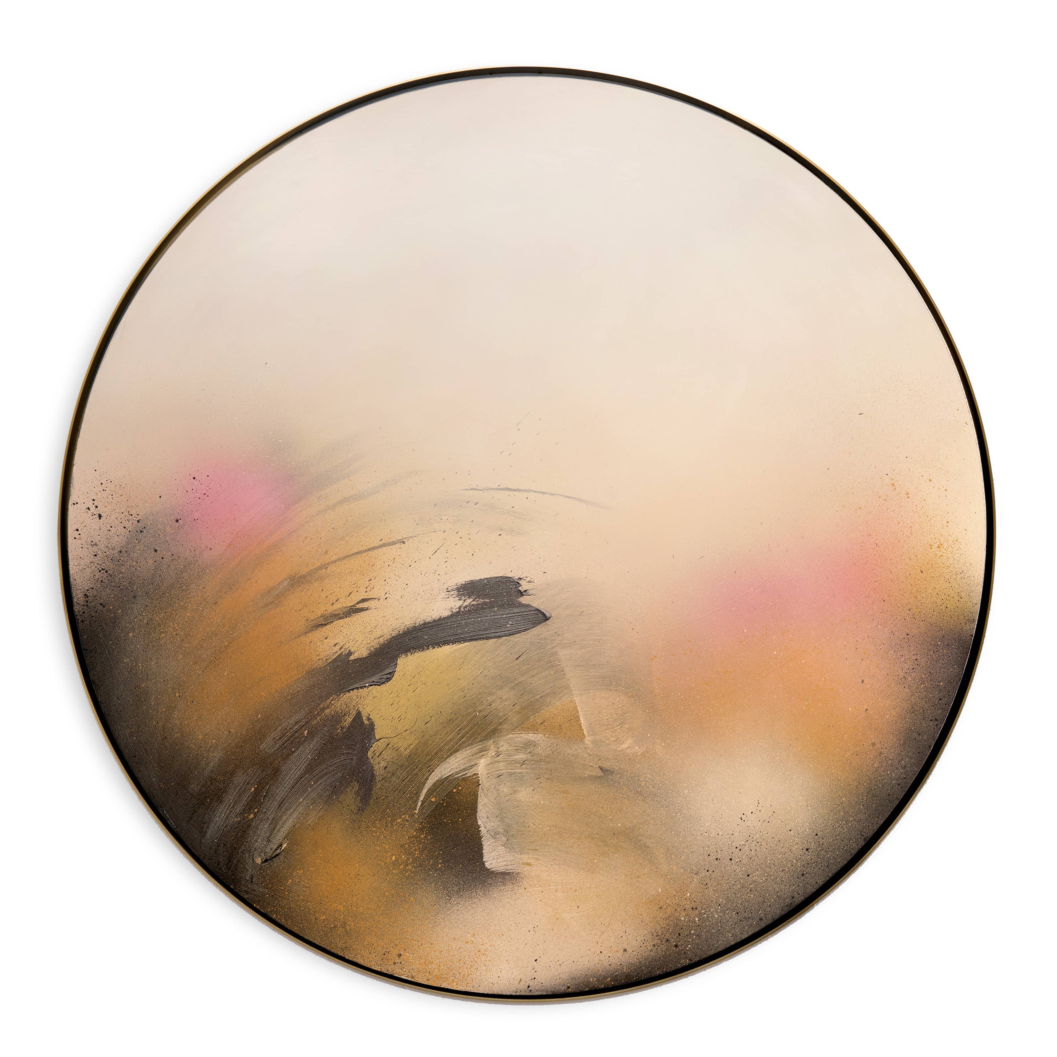 Bloodflow" by Kate Mayer: a round acrylic abstract with beige, black, pink & yellow on circular plywood.
