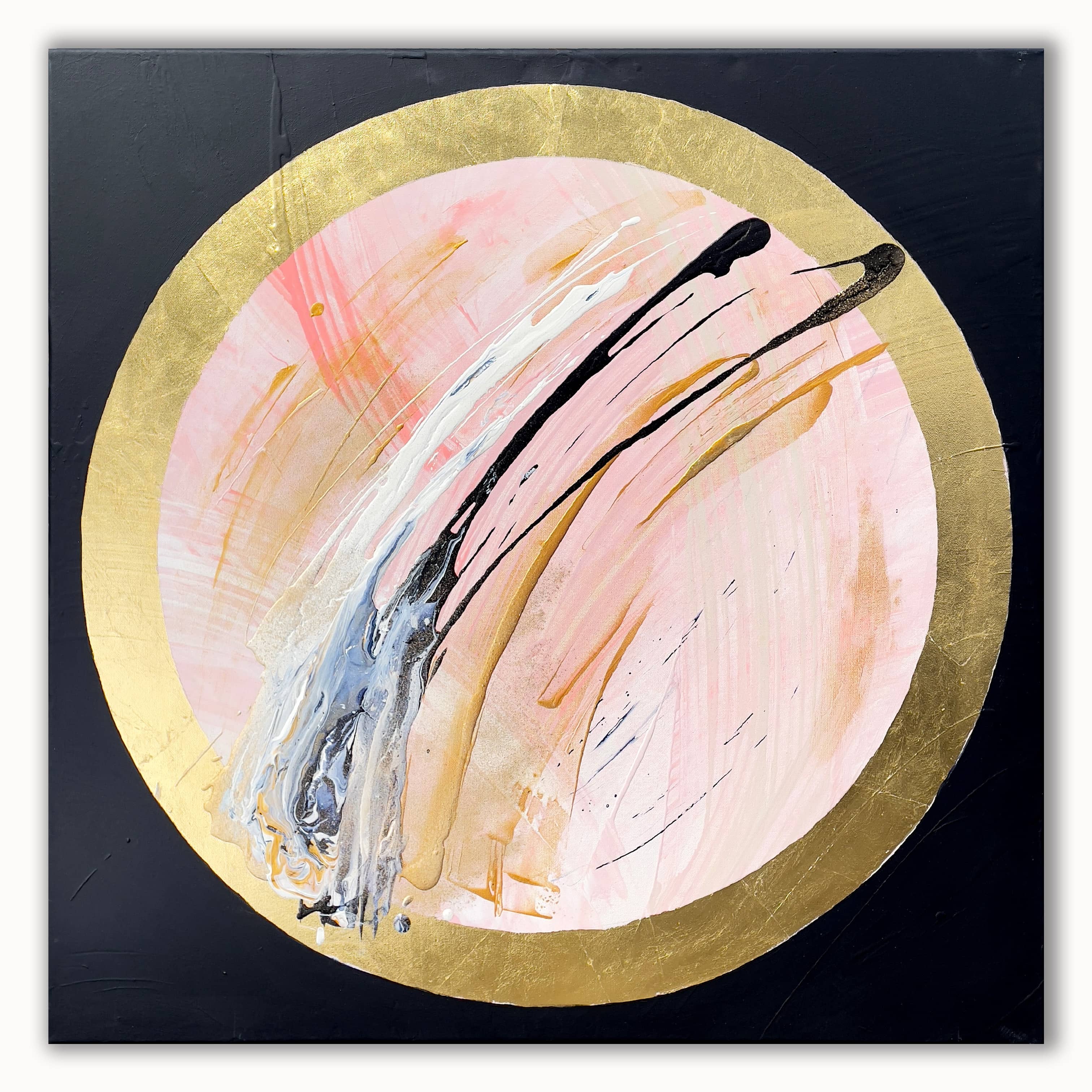 Presenting "Let's Go Beyond" by Kate Mayer, an exquisite abstract painting that showcases pink, gold, and black brushstrokes on a dark background. This captivating artwork gracefully blends acrylic and gold leaf, all encompassed within a refined gold circle border.