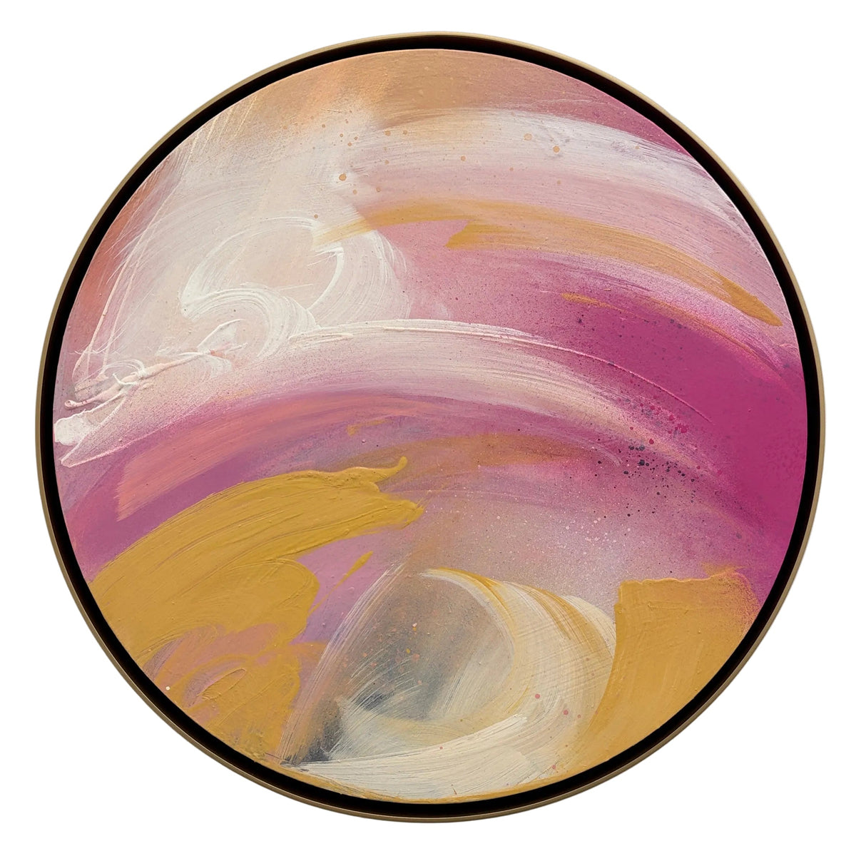 Love’s In Need Of Love Today“ by Kate Mayer: round acrylic painting, pink/white/gold swirls on plywood, metal frame.