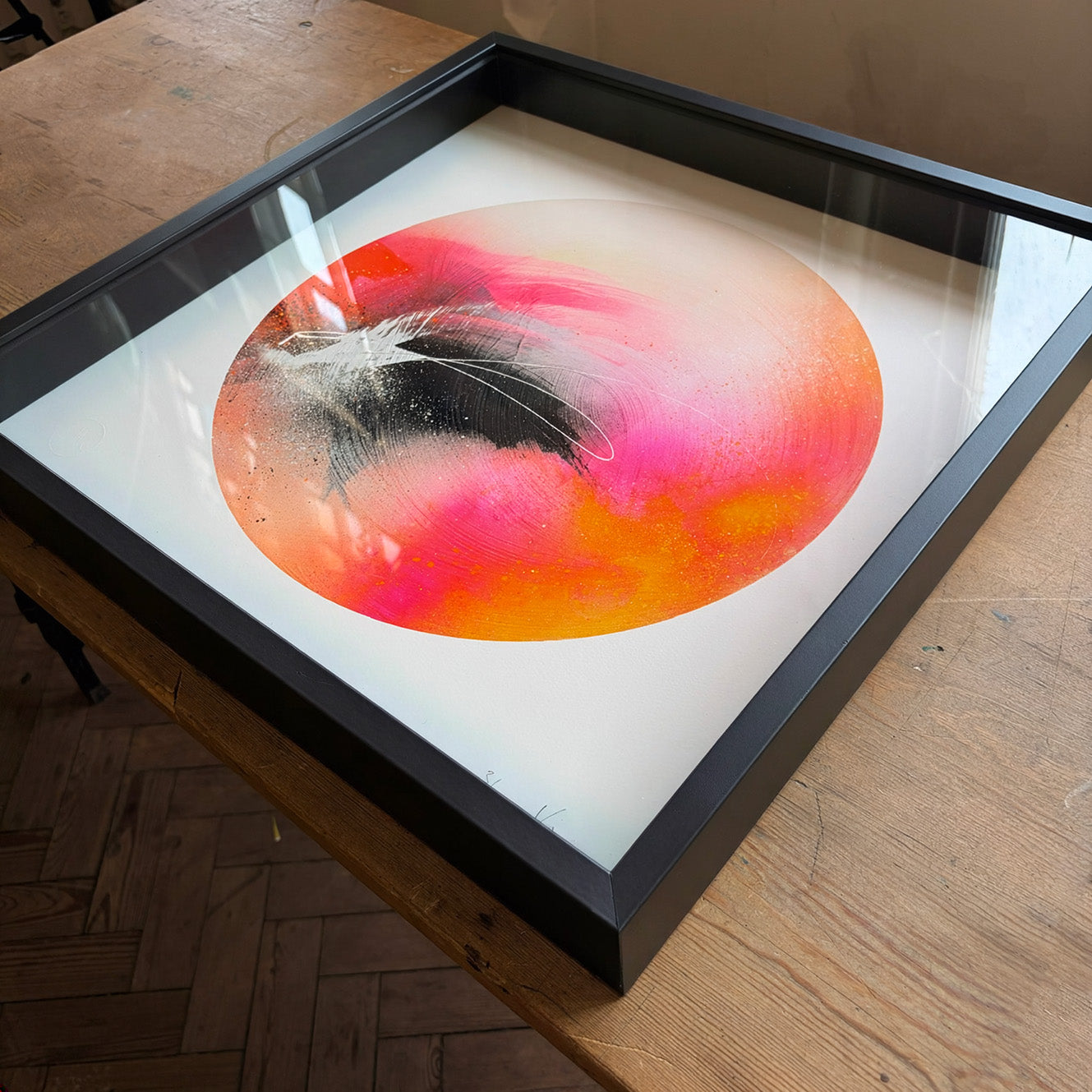 Set the World on Fire - Limited Edition Arts Trail Print by Kate Mayer, abstract with circular pattern, framed and table-displayed.