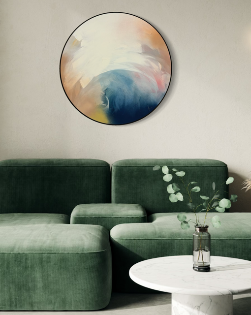 Total Praise“ by Kate Mayer: round acrylic on plywood above green velvet sofa, handmade metal float frame for elegance.