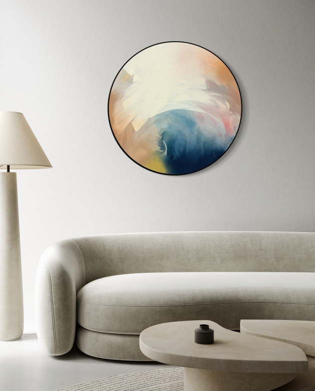 Modern living room with a beige sofa, “Total Praise” by Kate Mayer in a handmade metal float frame, and tall lamp.