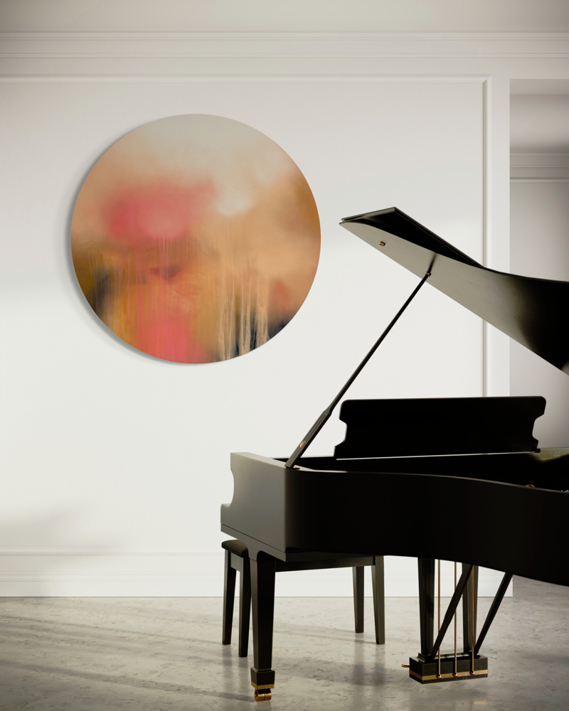 A black grand piano sits in a modern room with Kate Mayer’s “The Afterglow of Awe” on the white wall.