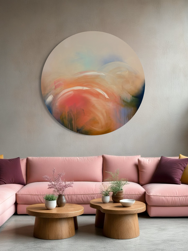 Modern living room with pink sofas, round tables, and “Count Your Blessings” by Kate Mayer on the wall.